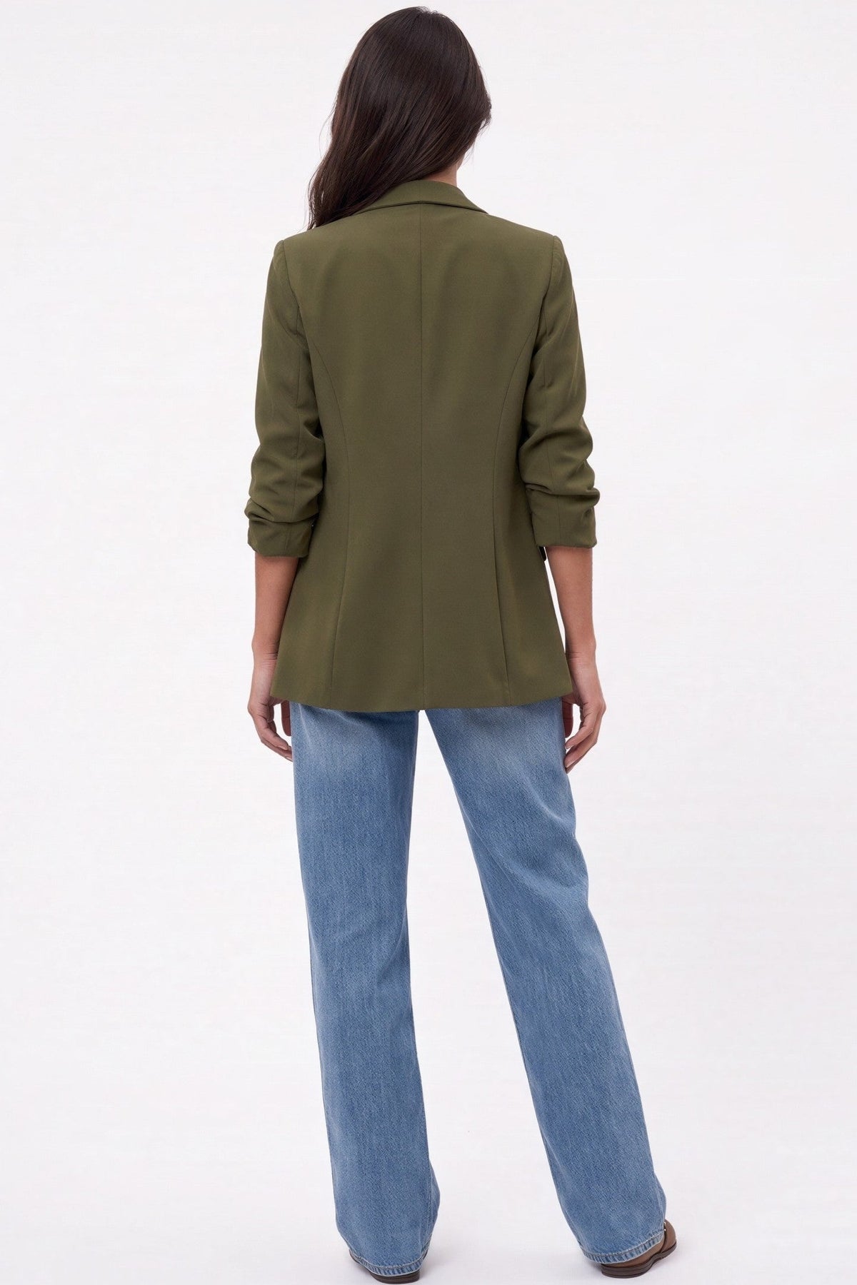 Khaki Blazer with Ruched Sleeves