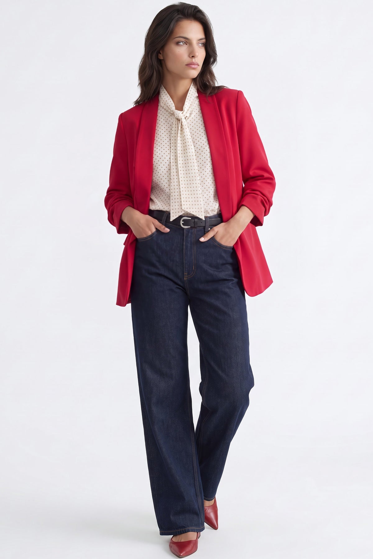 Red Blazer with Ruched Sleeves