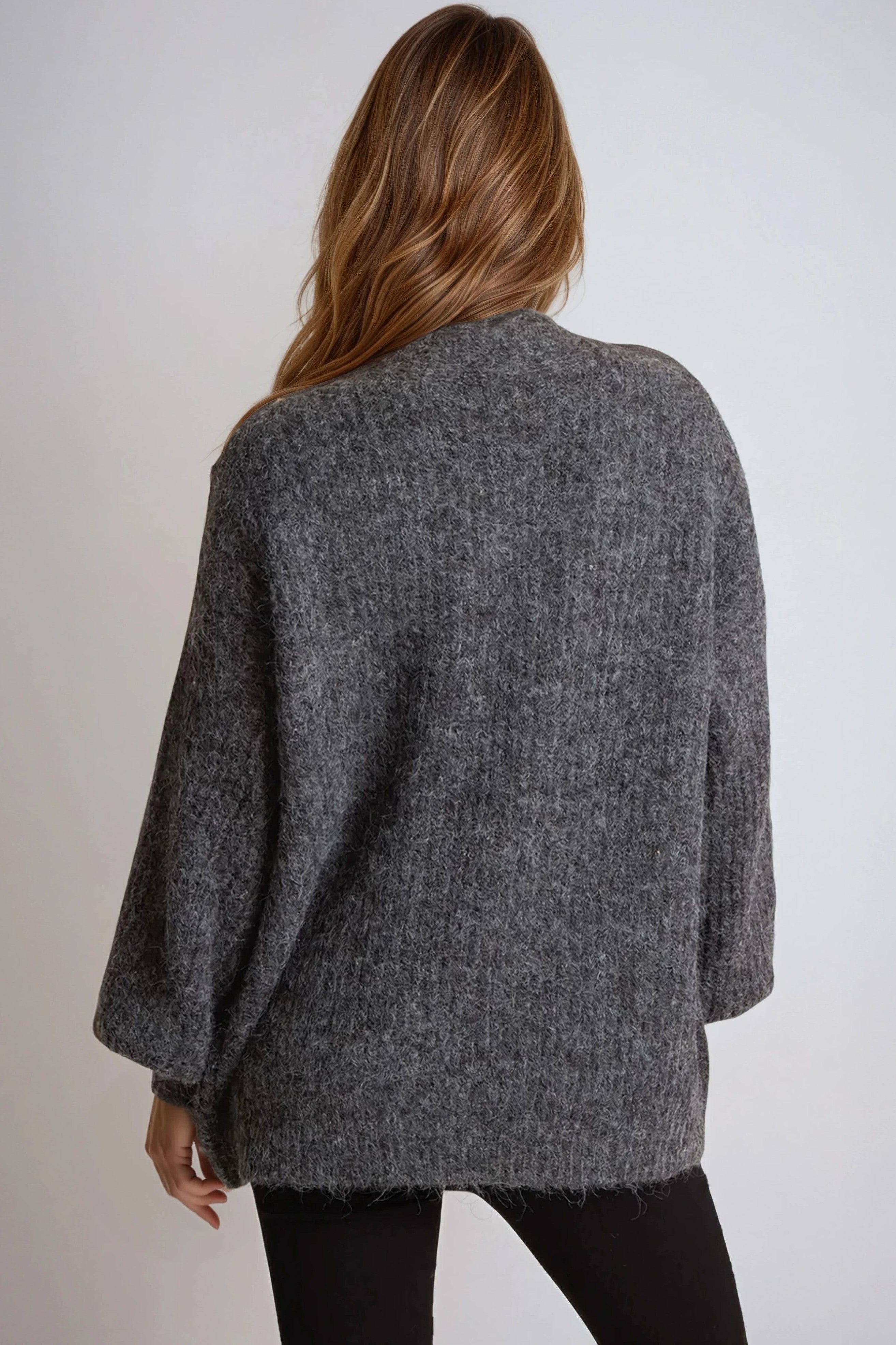 Charcoal Wool Blend Balloon Sleeve Knitted Cardigan