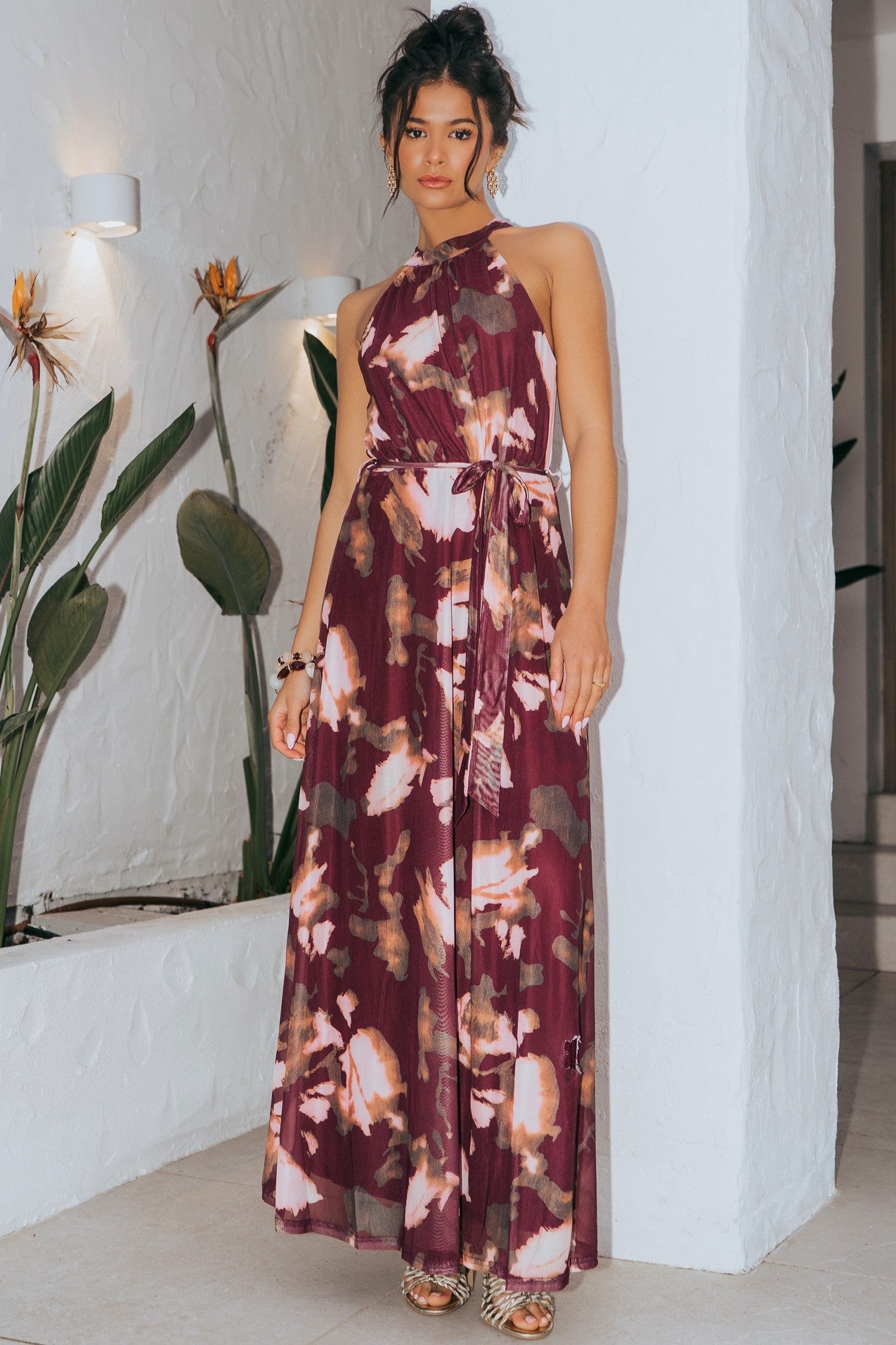 Wine Floral Halterneck Belted Maxi Dress