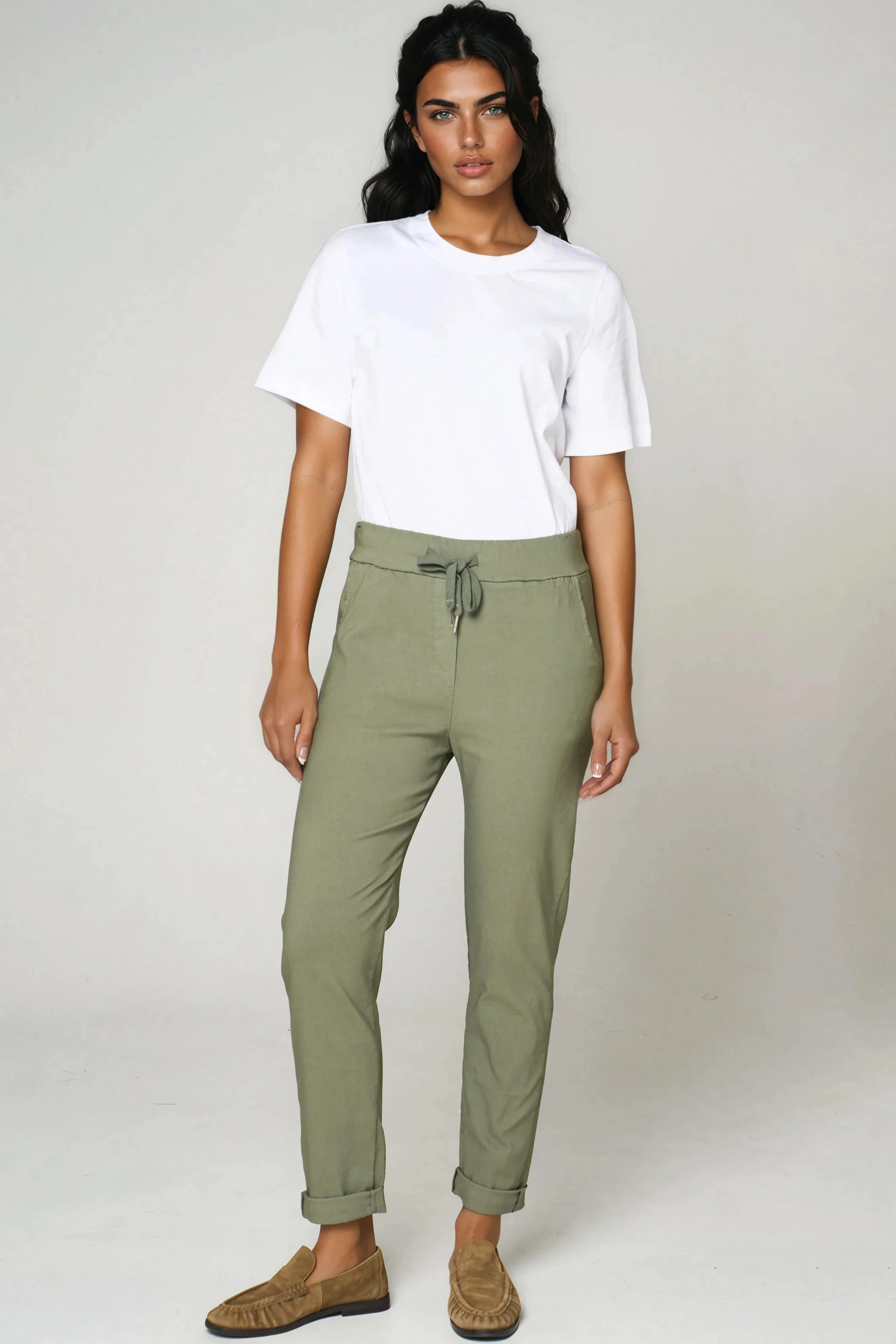 Khaki Stretch Drawstring Trousers