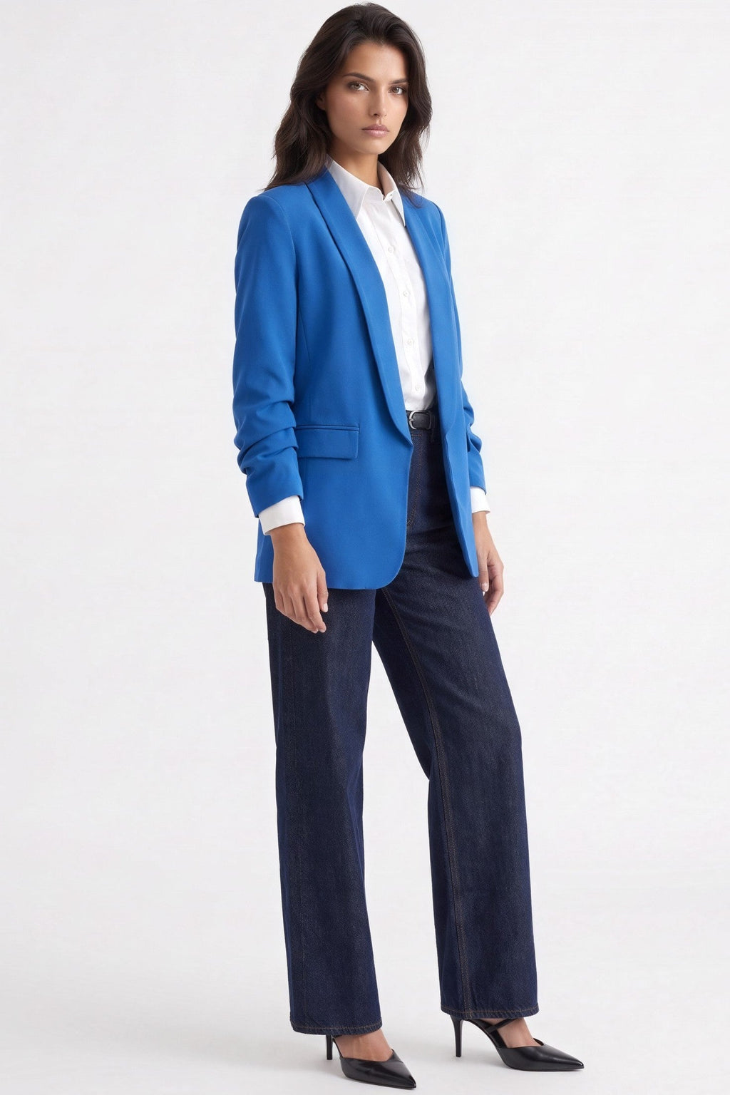 Royal Blue Blazer with Ruched Sleeves