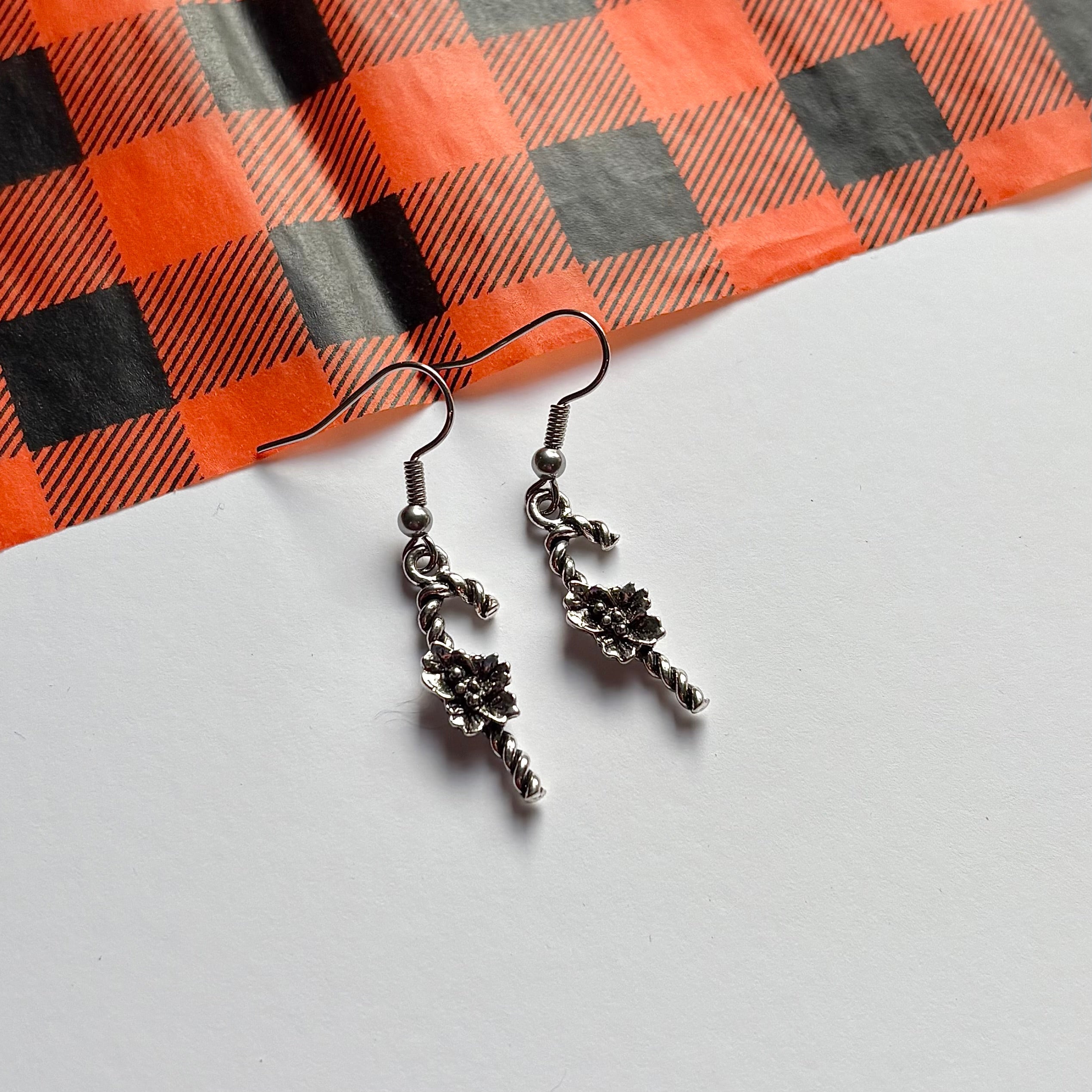 Silver dangle Christmas minimalist candy cane earrings