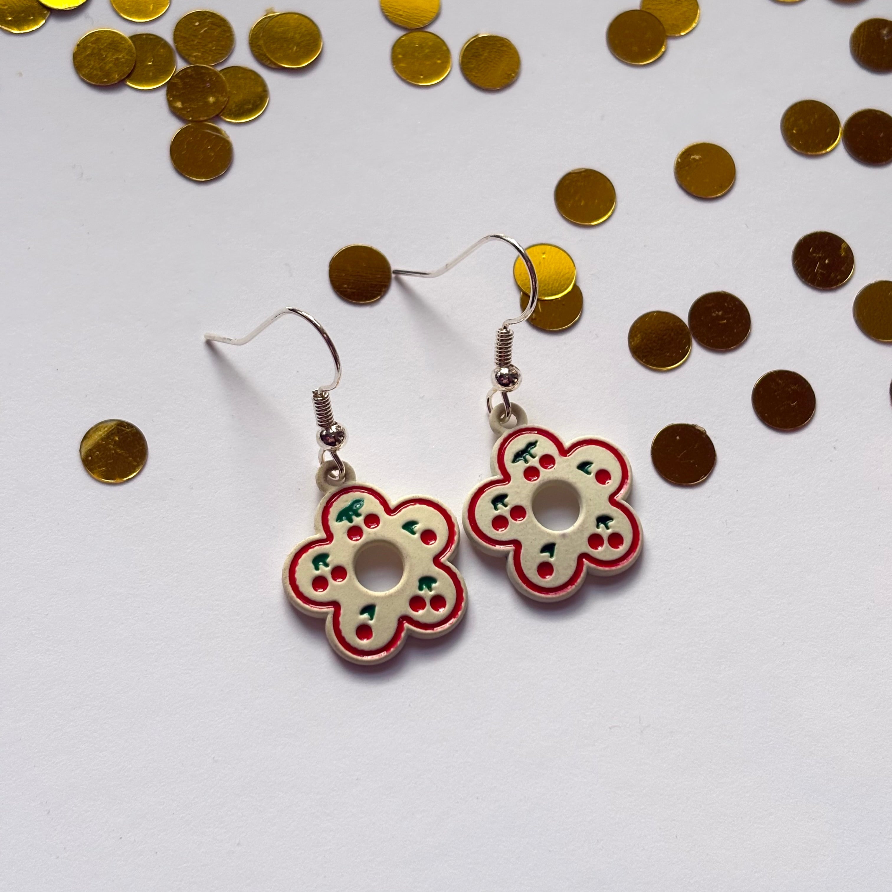 Cream with red cherry flower dangle earrings on hypoallergenic surgical steel hooks