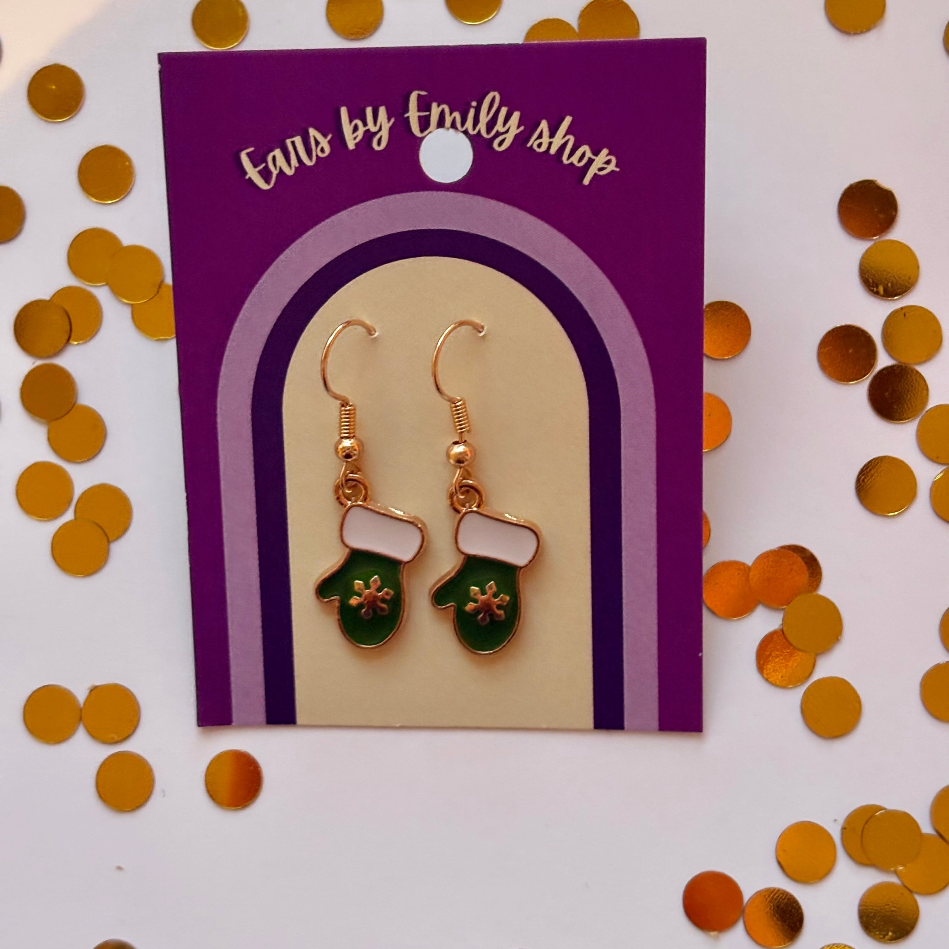 Green mitten Christmas gold earrings
