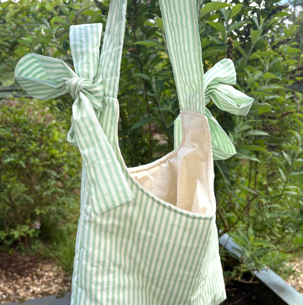 Handmade white and green stripe coquette padded tote bag with bows