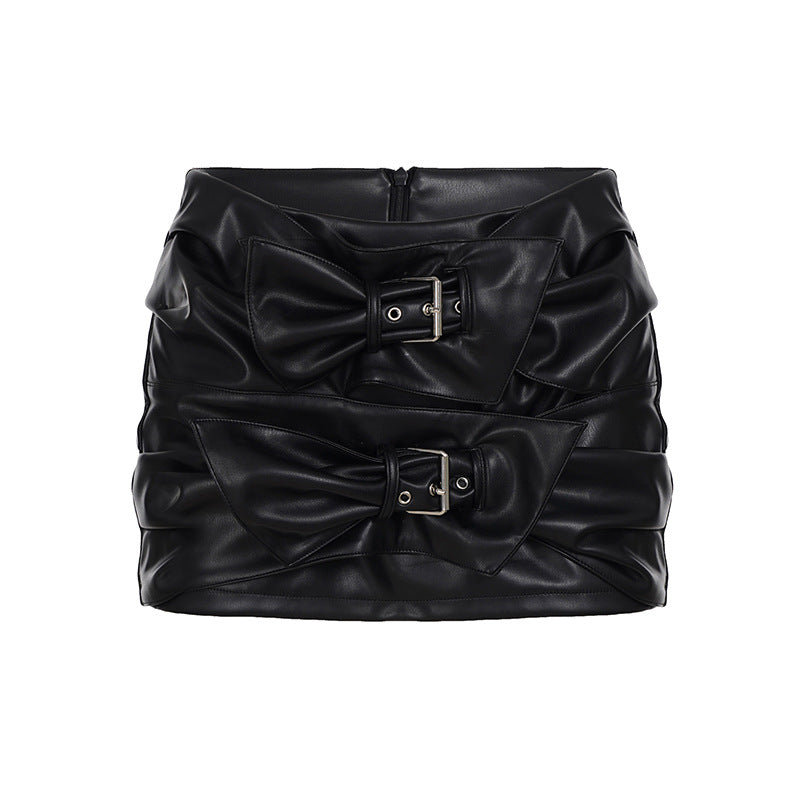 Chic Leather Mini Skirt with Bow Buckle Detail
