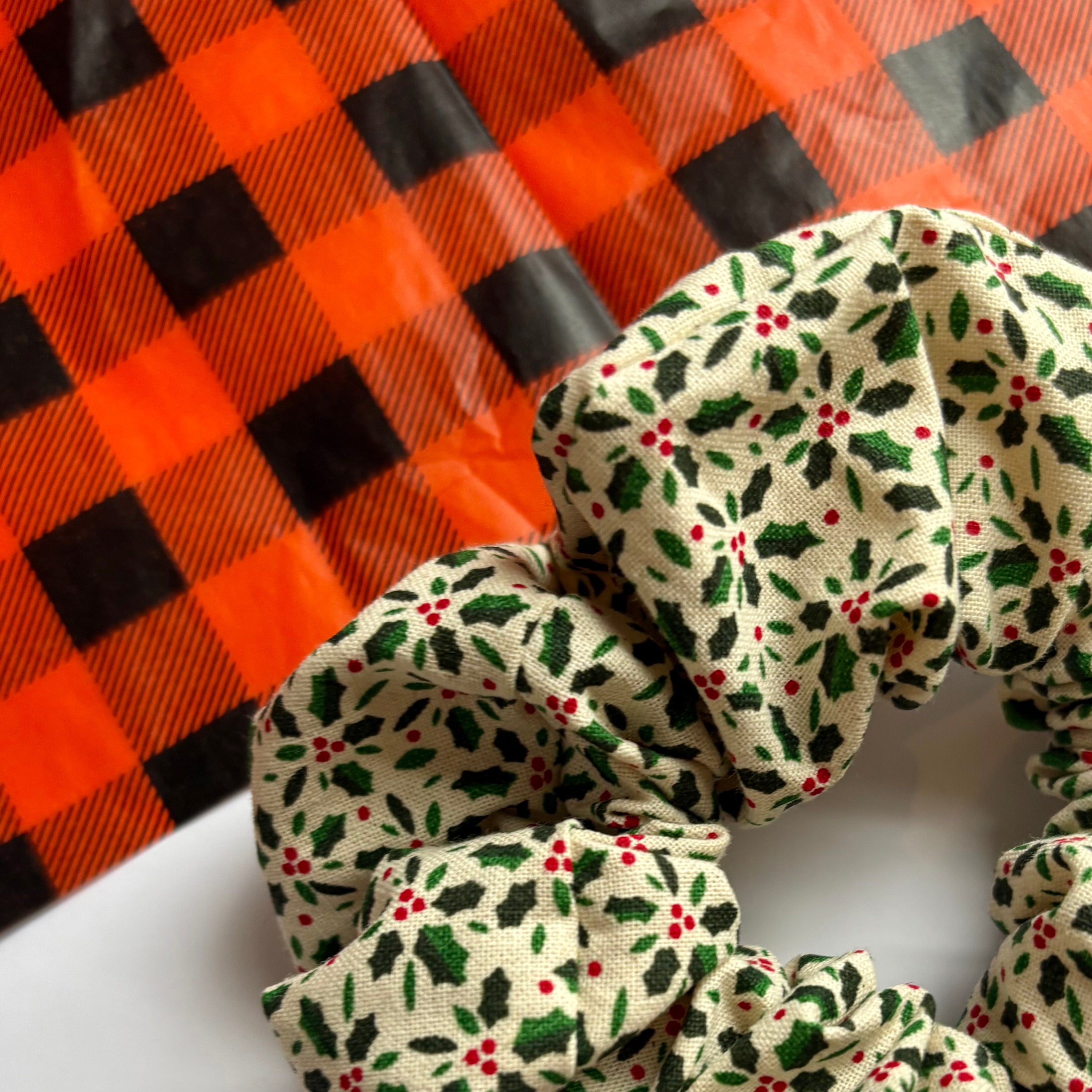 Large Christmas cream holly cotton scrunchie hair tie