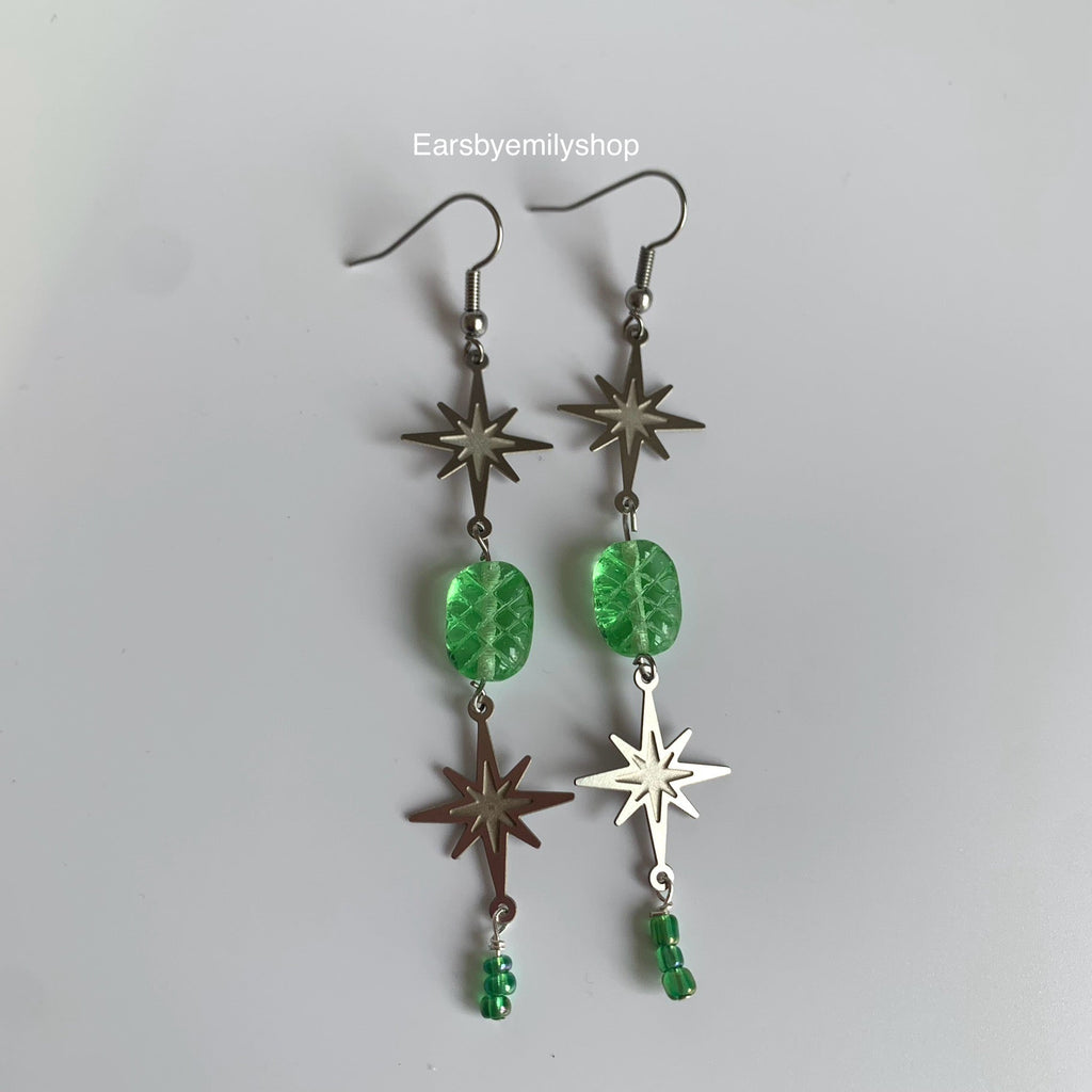 Stainless steel star and green bead statement dangle earrings