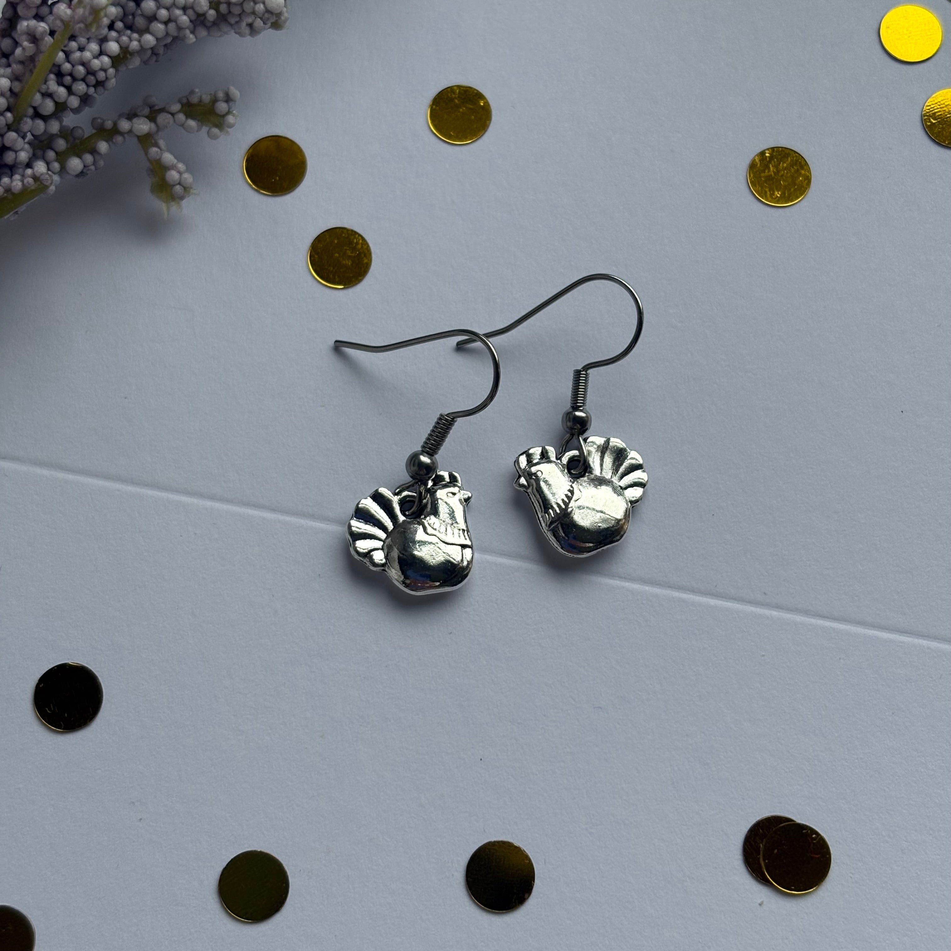 Silver chicken earrings on hypoallergenic hooks