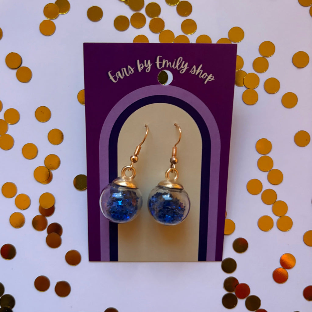 Blue star sparkle bauble Christmas dangle earrings gold plated