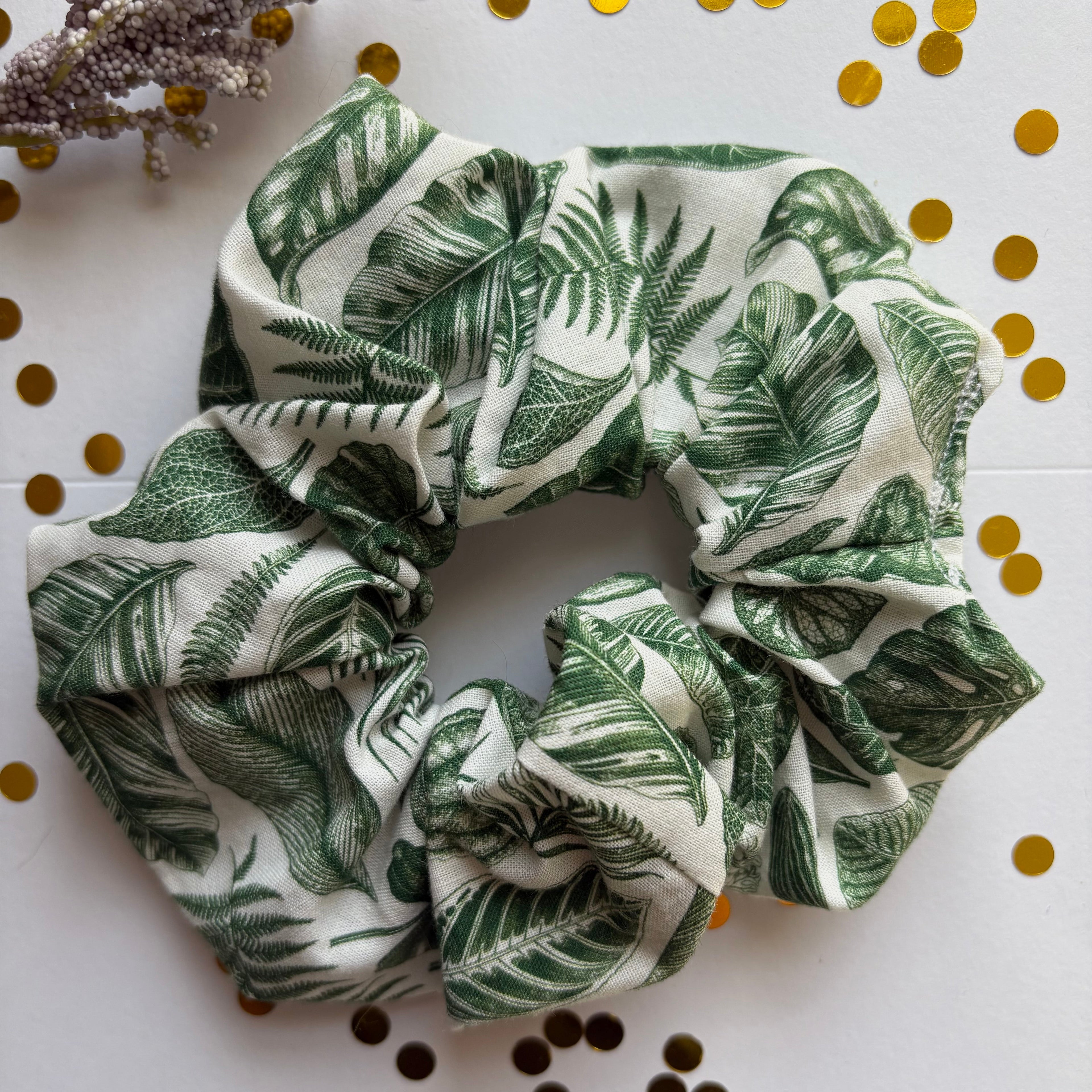 Green and white leaf scrunchie