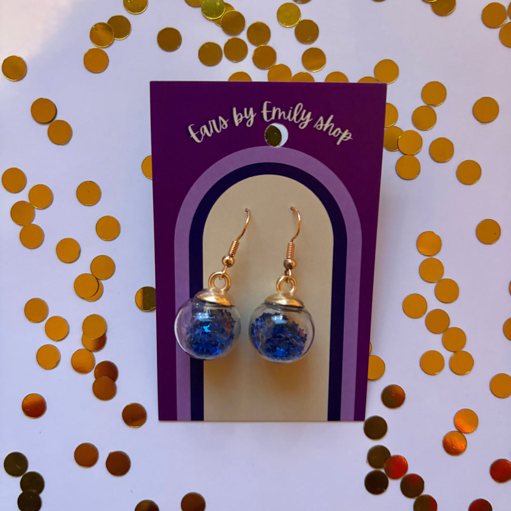 Blue star sparkle bauble Christmas dangle earrings gold plated
