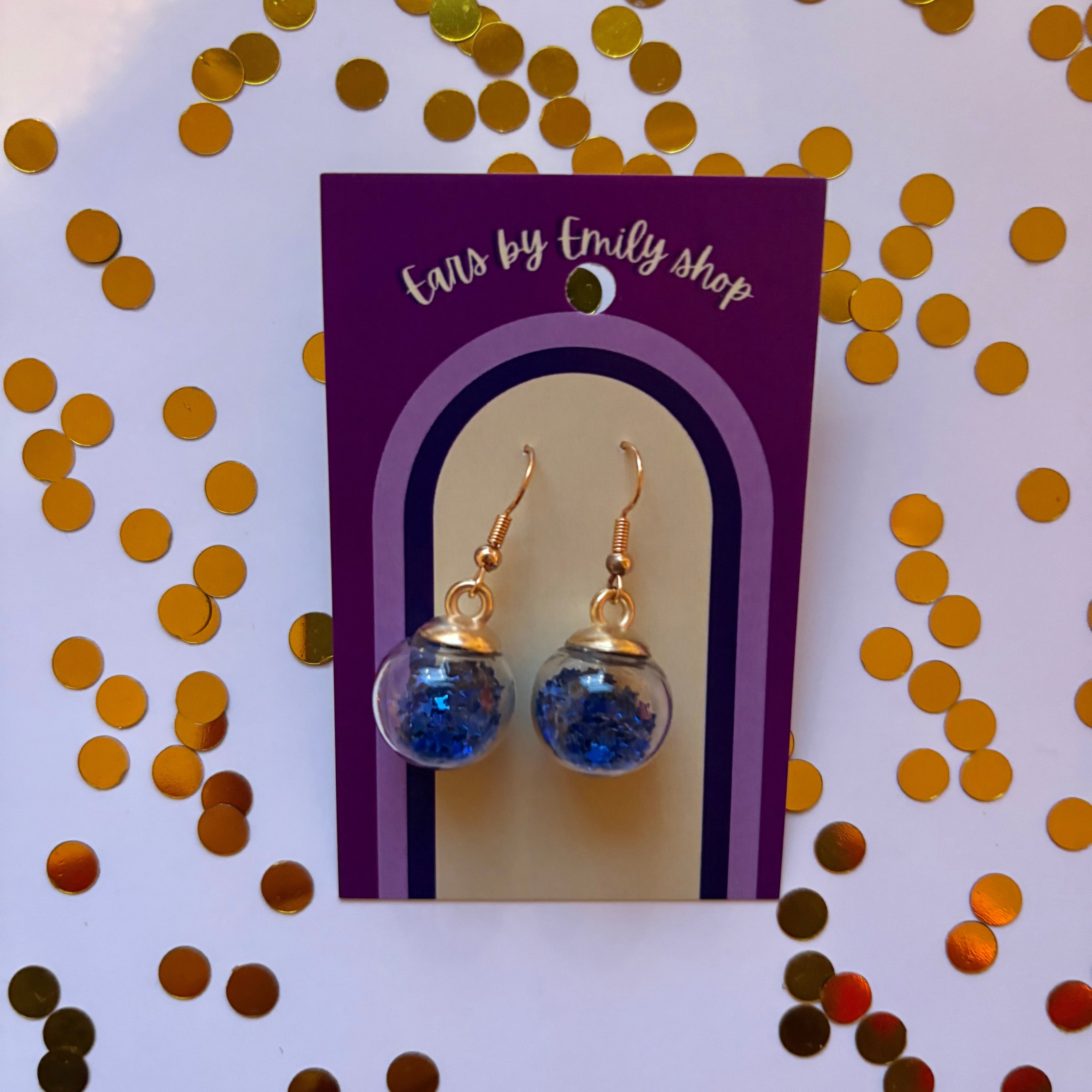 Blue star sparkle bauble Christmas dangle earrings gold plated