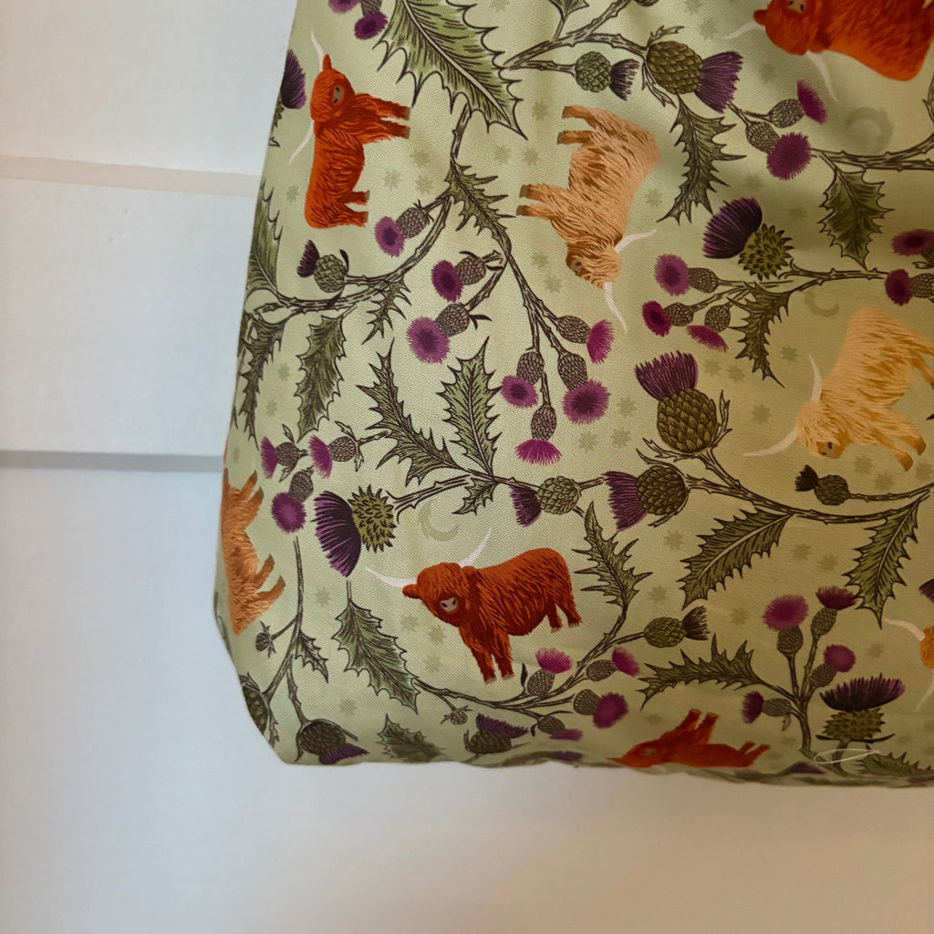 Handmade Scottish highland cow bow padded tote bag