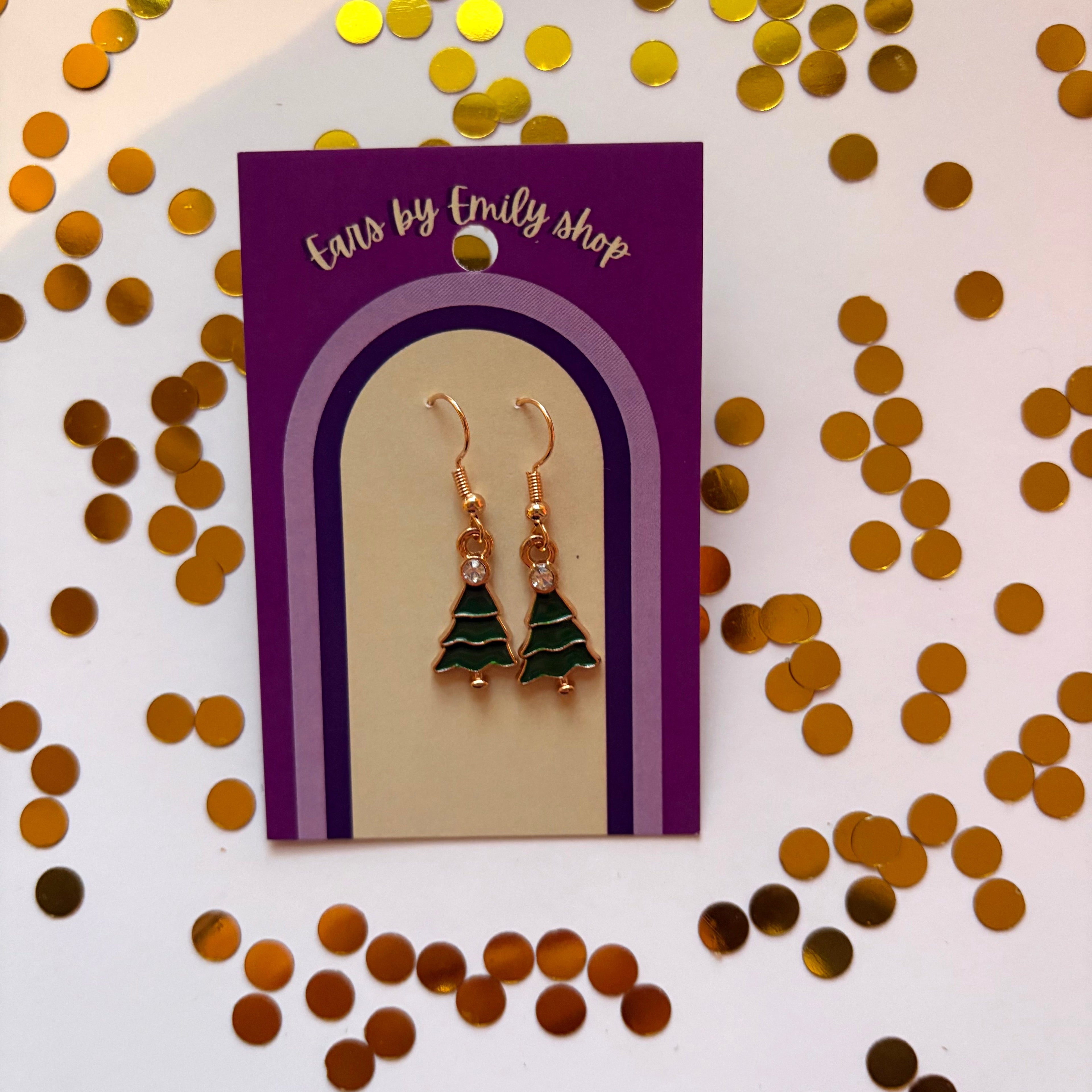 Green Christmas Tree gold earrings