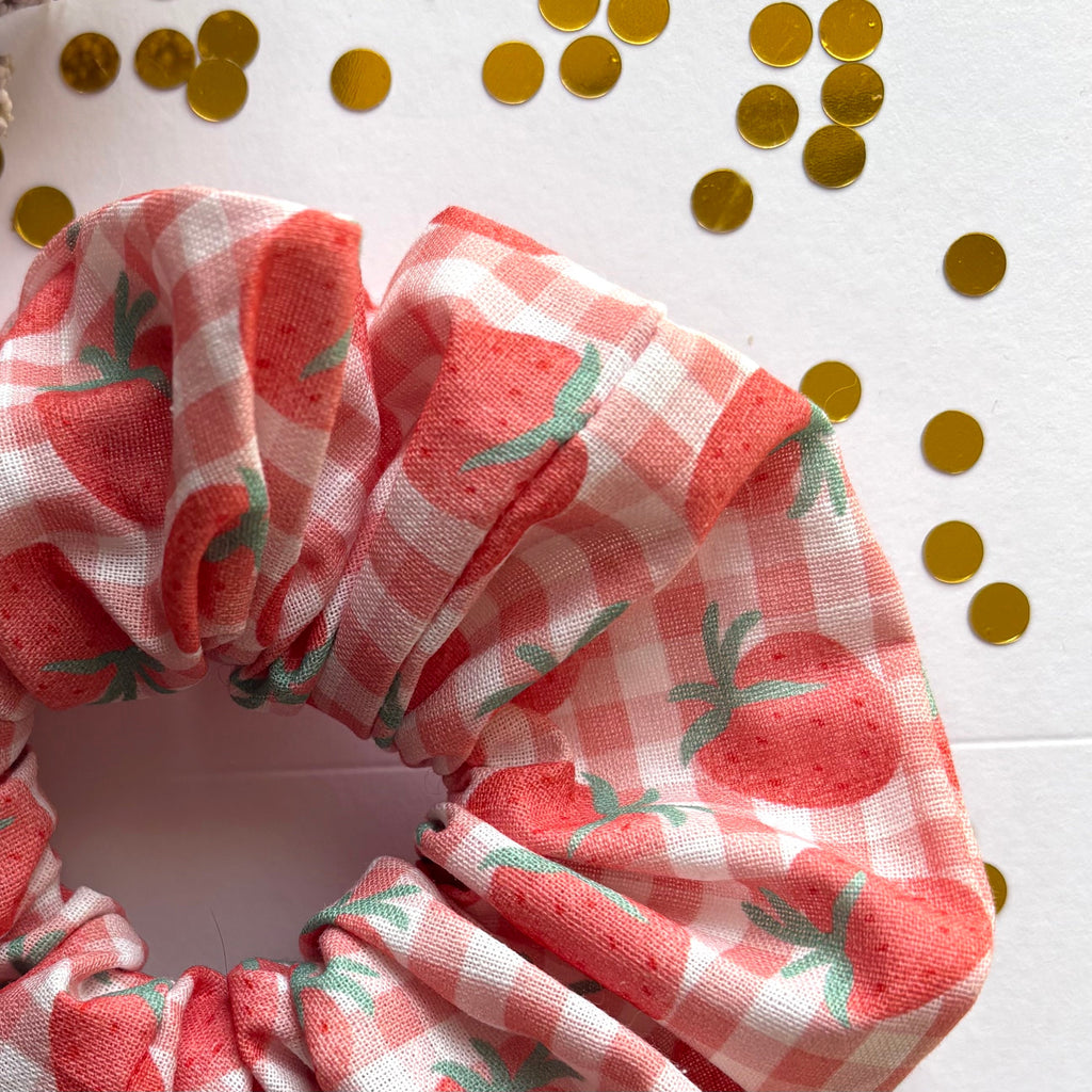 Large handmade cotton pink gingham strawberry scrunchie