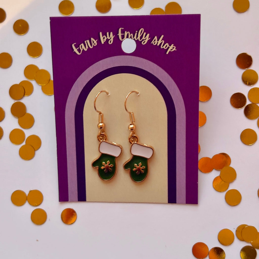 Green mitten Christmas gold earrings