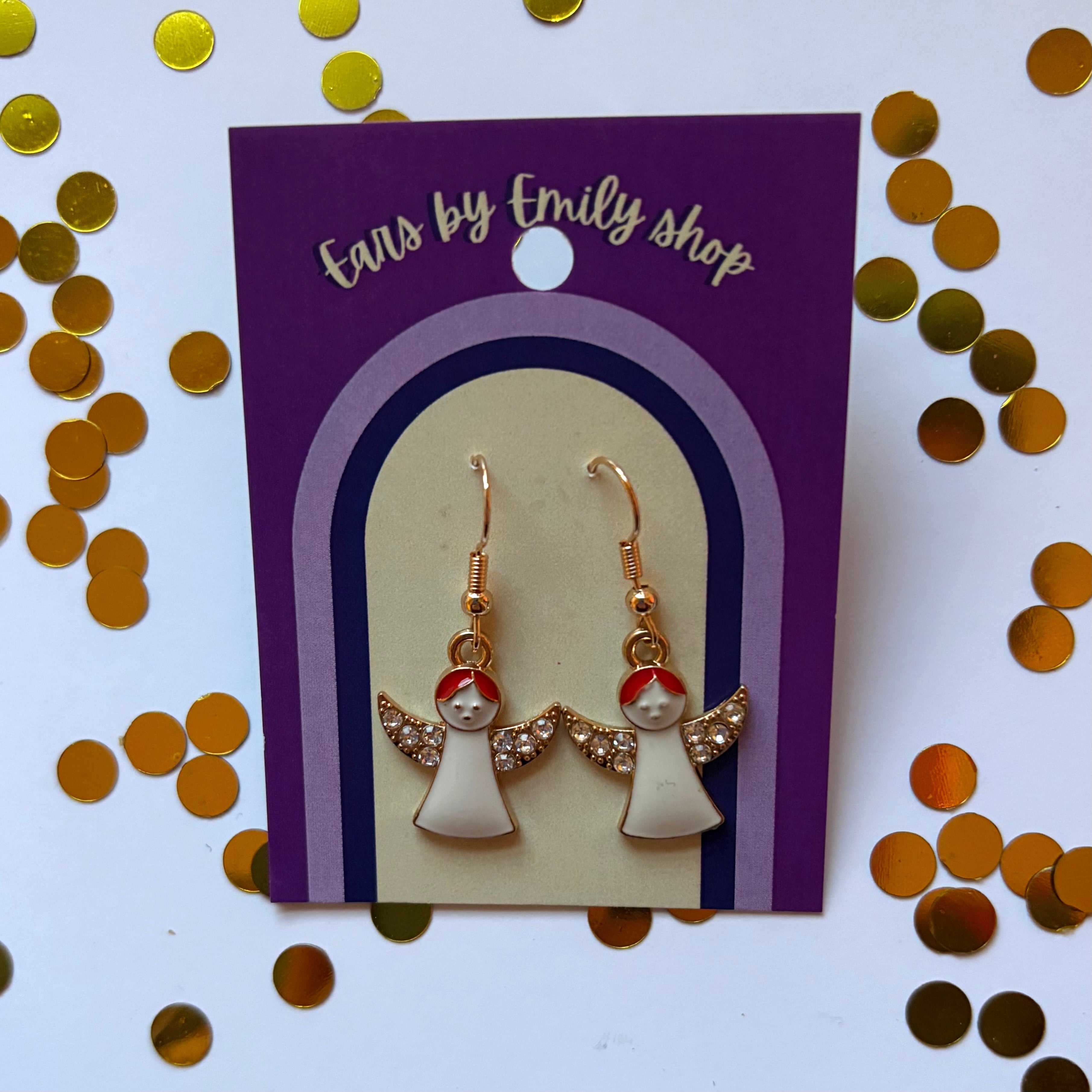 Gold and white Christmas angel sparkle dangle earrings on gold plated hooks