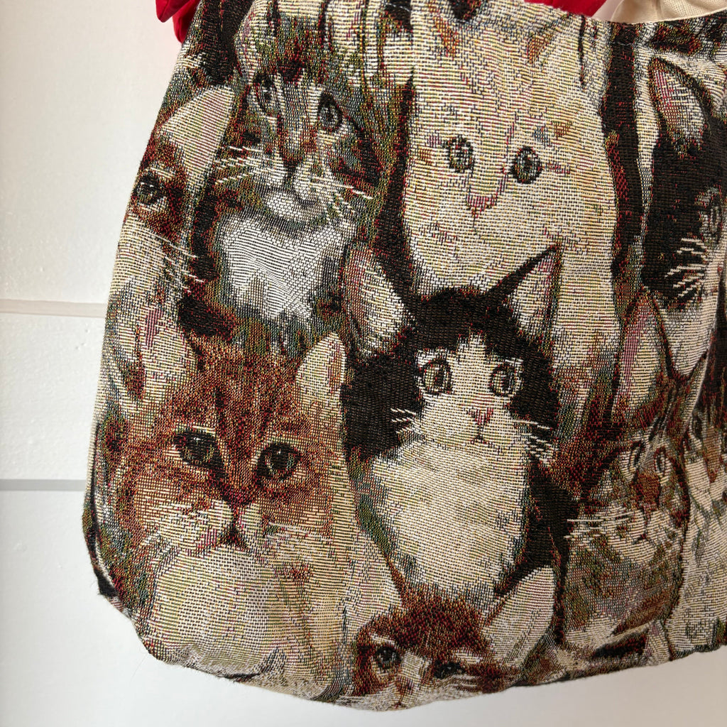 Handmade cool cat tapestry with red bow tote bag