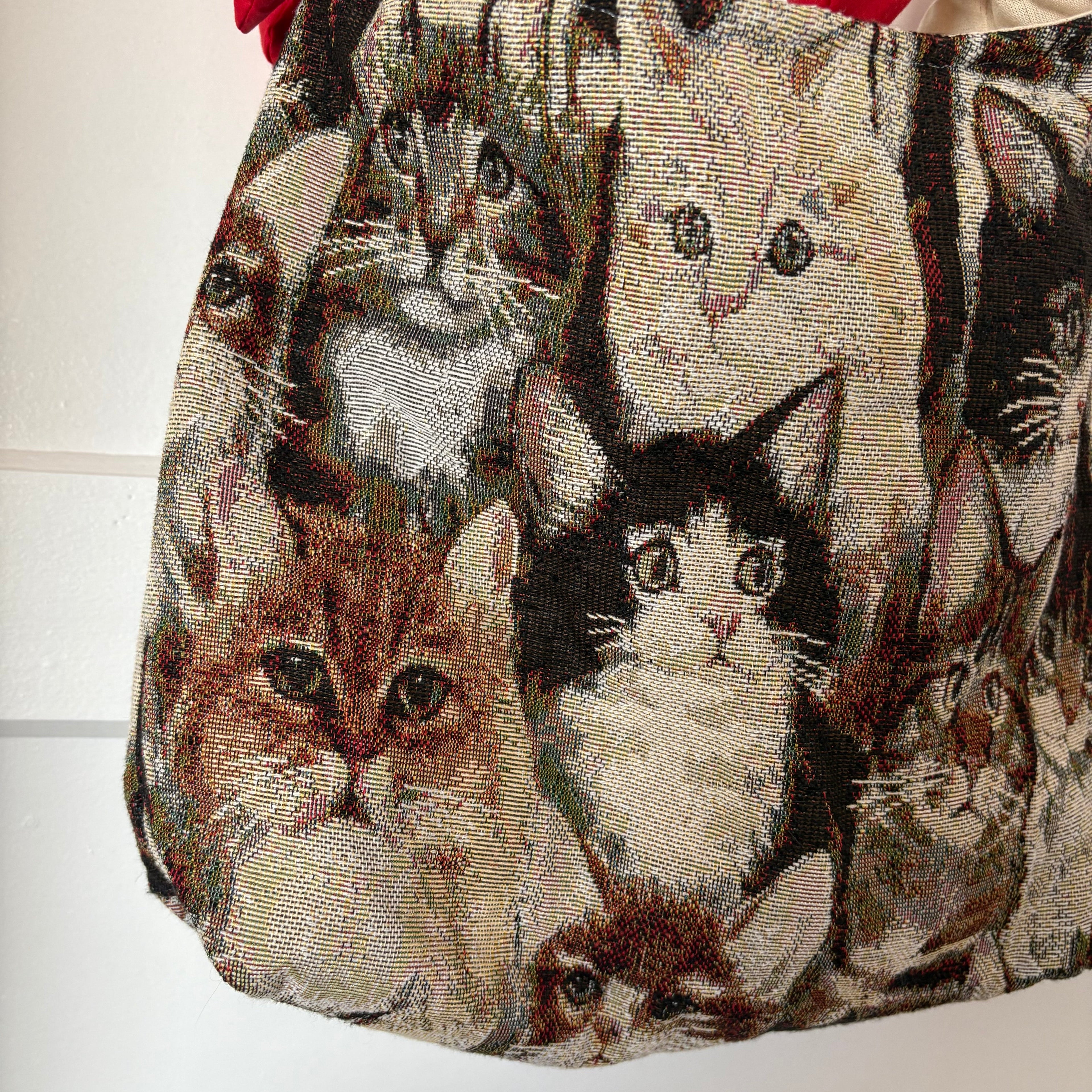 Handmade cool cat tapestry with red bow tote bag