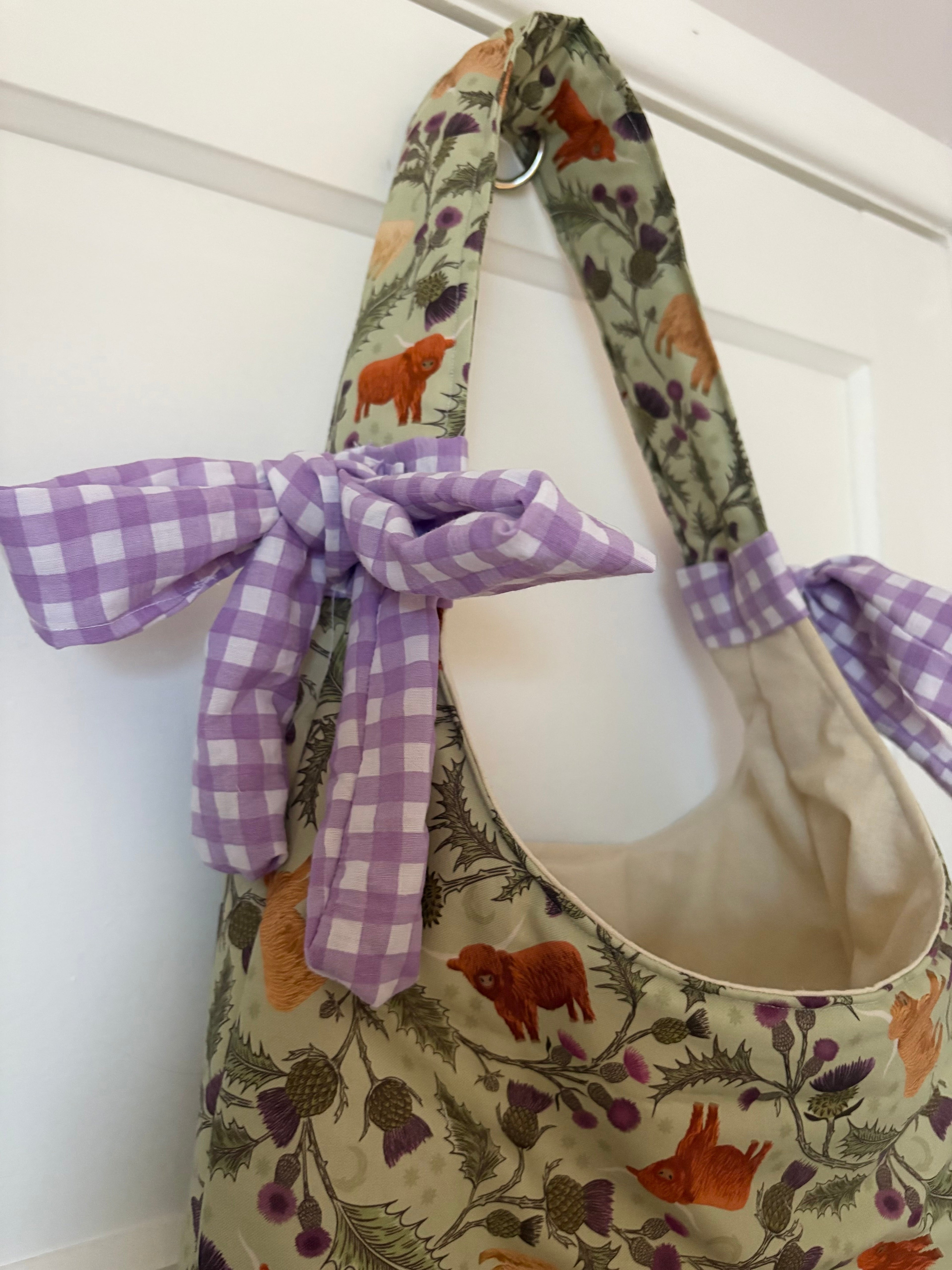 Handmade Scottish highland cow bow padded tote bag