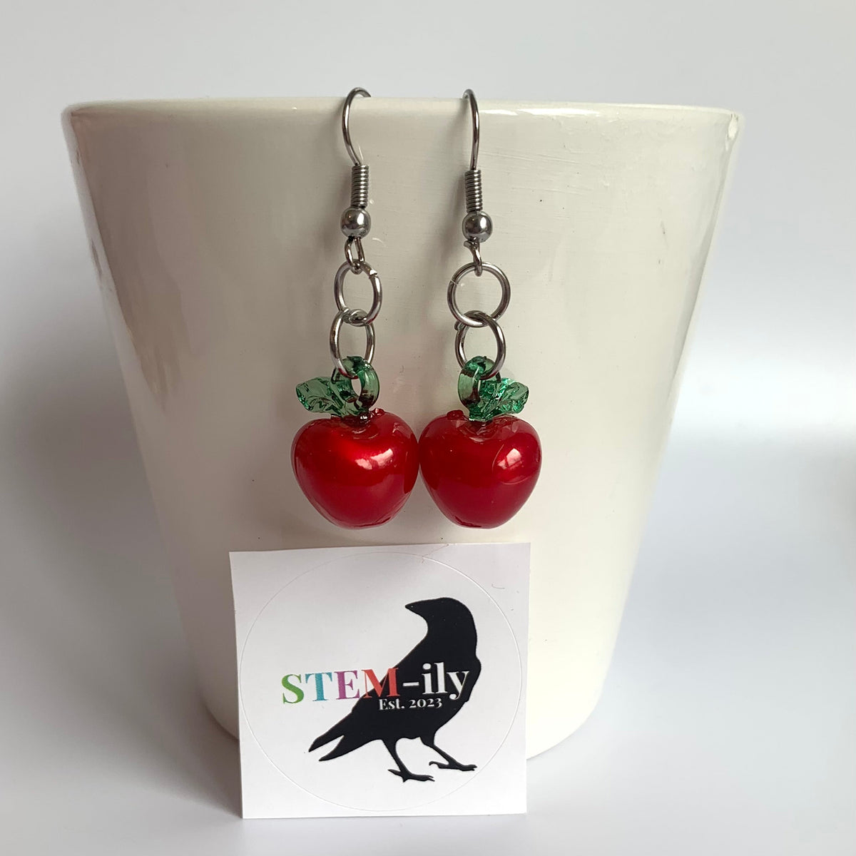 Red and green stainless steel apple teacher drop dangle earrings on hypoallergenic surgical steel hooks