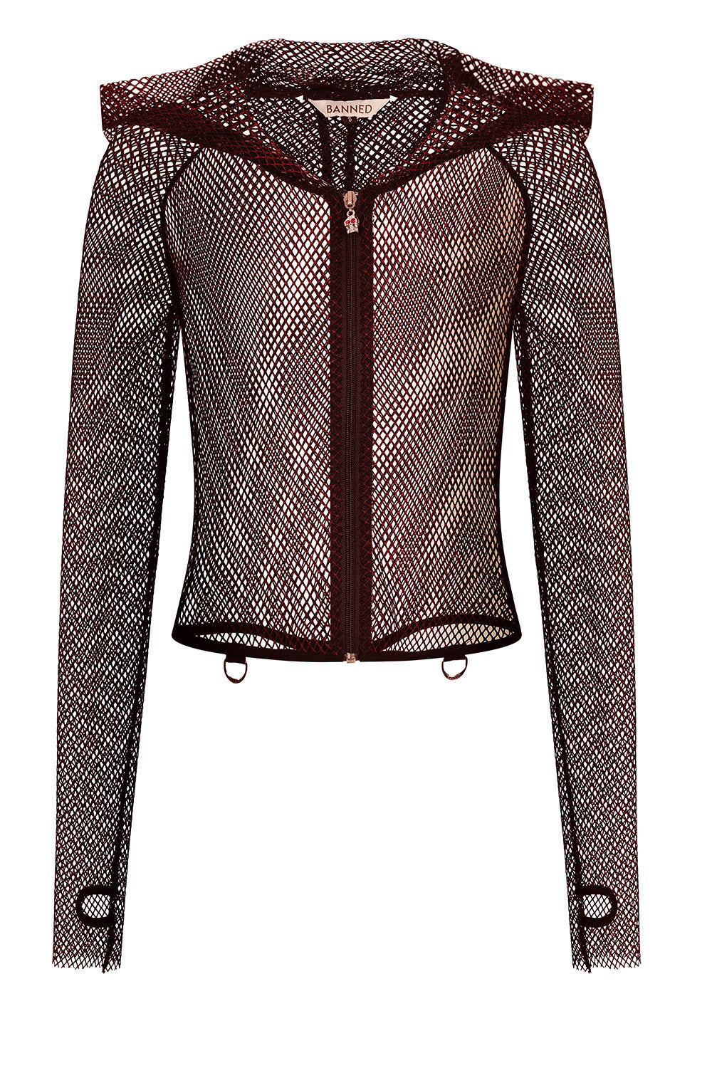 Banned Apparel Liora Red Metallic Fishnet Hoodie - Skull Zip Gothic Outerwear