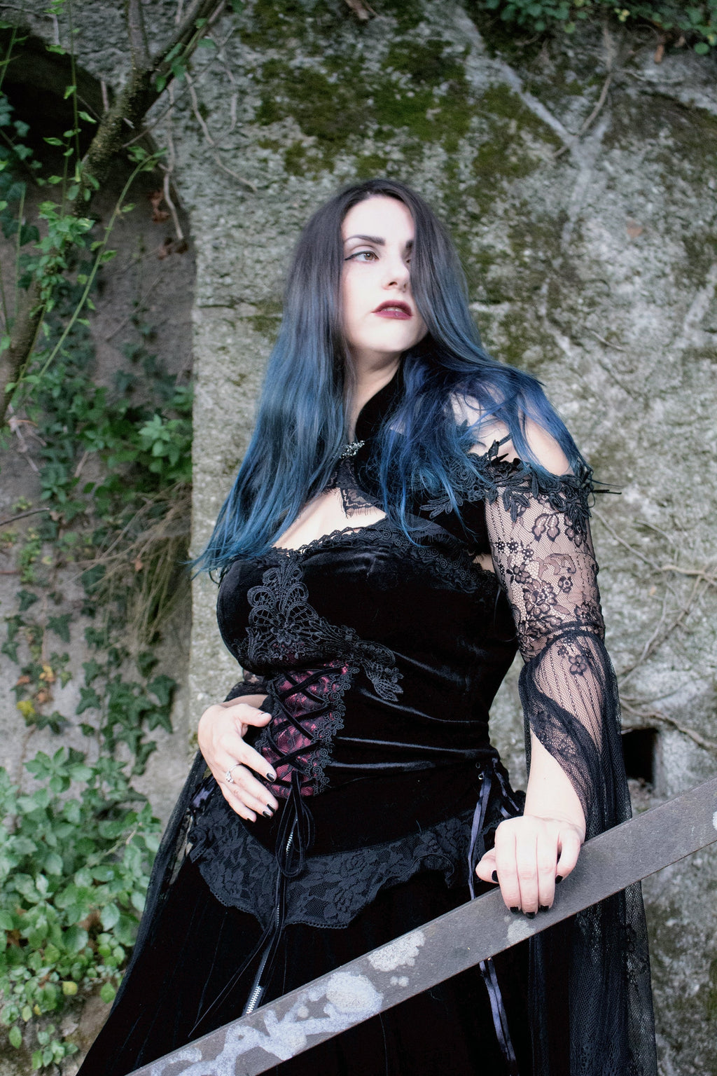 Dark in Love Gothic Black & Red Velvet Lace Corset