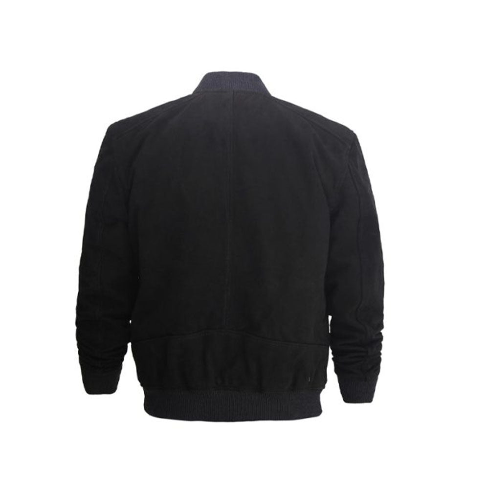 Men's Black Suede Ribbed-Trim Bomber