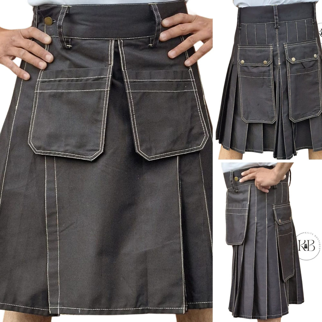 Black Handmade Utility Kilt Work wear Utility kilt Craftman Workout Cargo Kilt