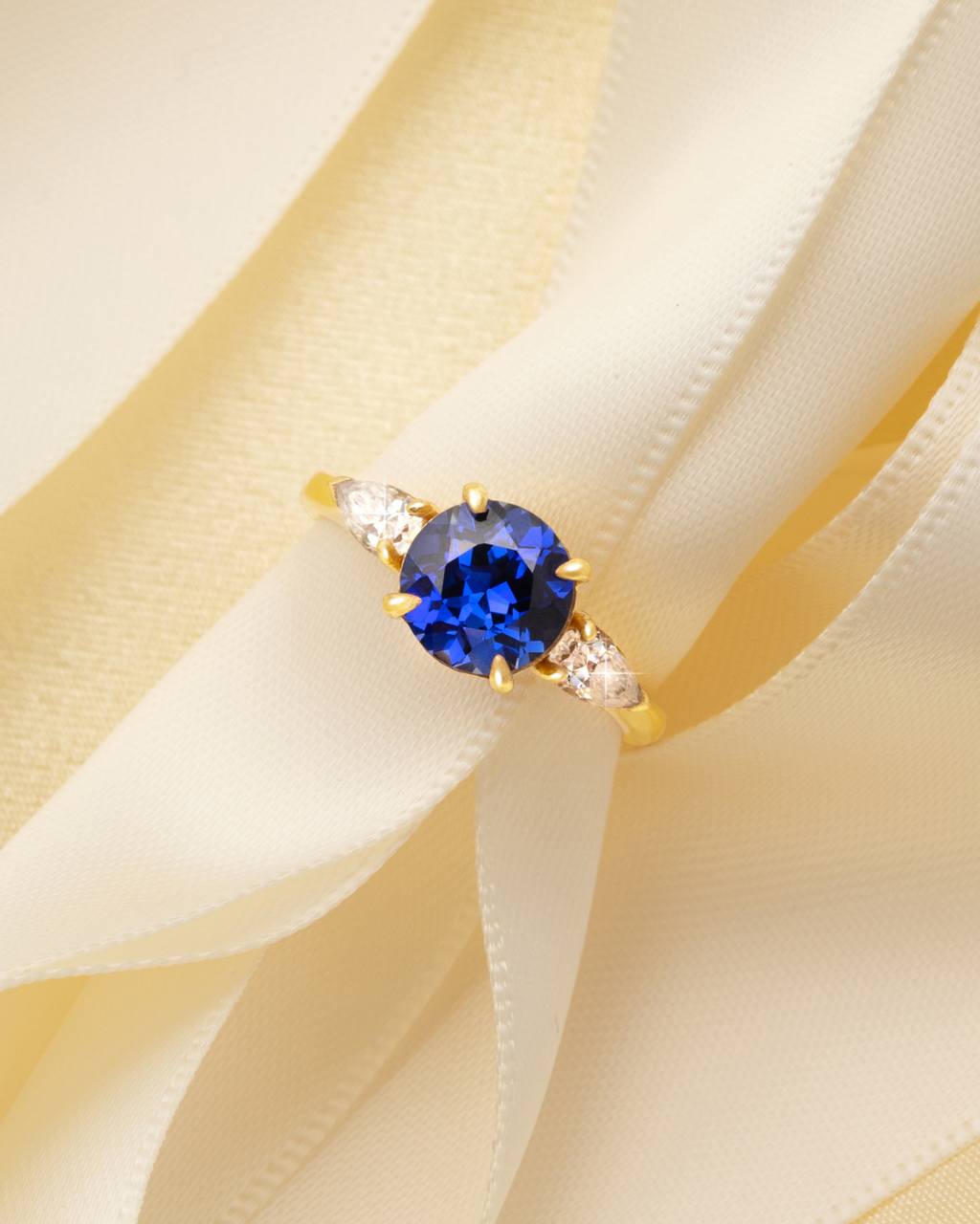 Blue Sapphire Round Cut Three Stone Engagement Ring in 18k Gold Vermeil