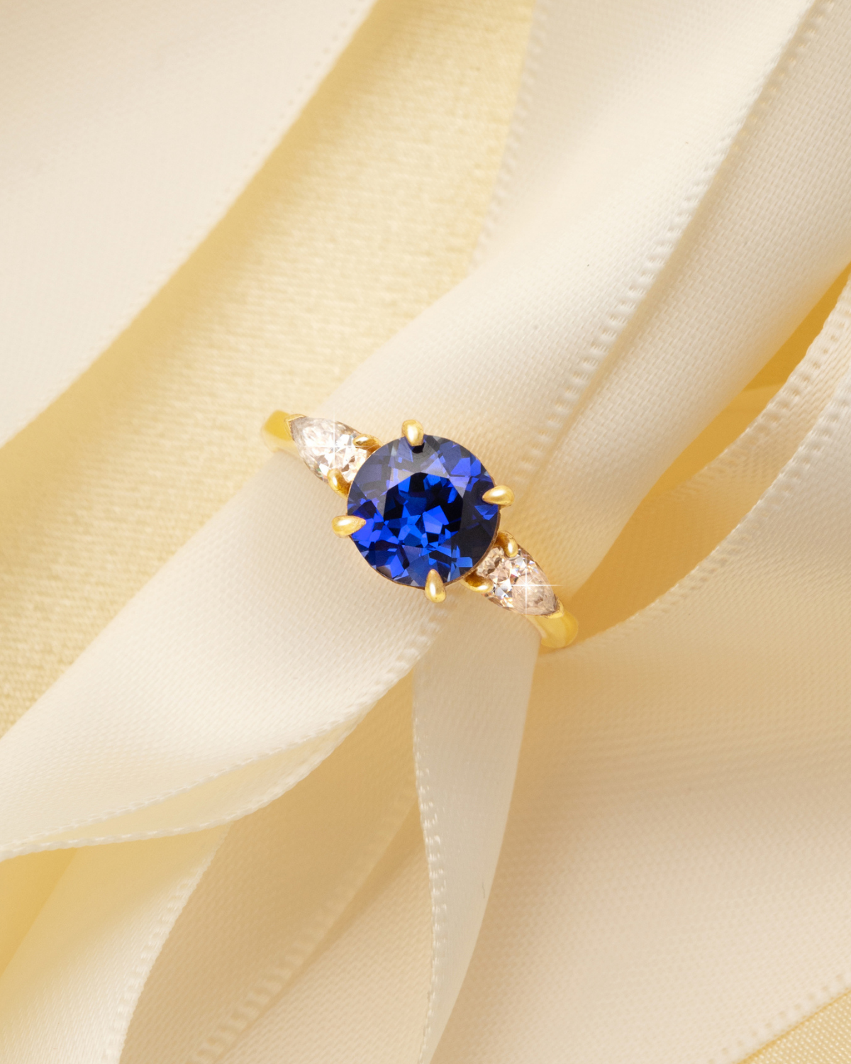 Blue Sapphire Round Cut Three Stone Engagement Ring in 18k Gold Vermeil