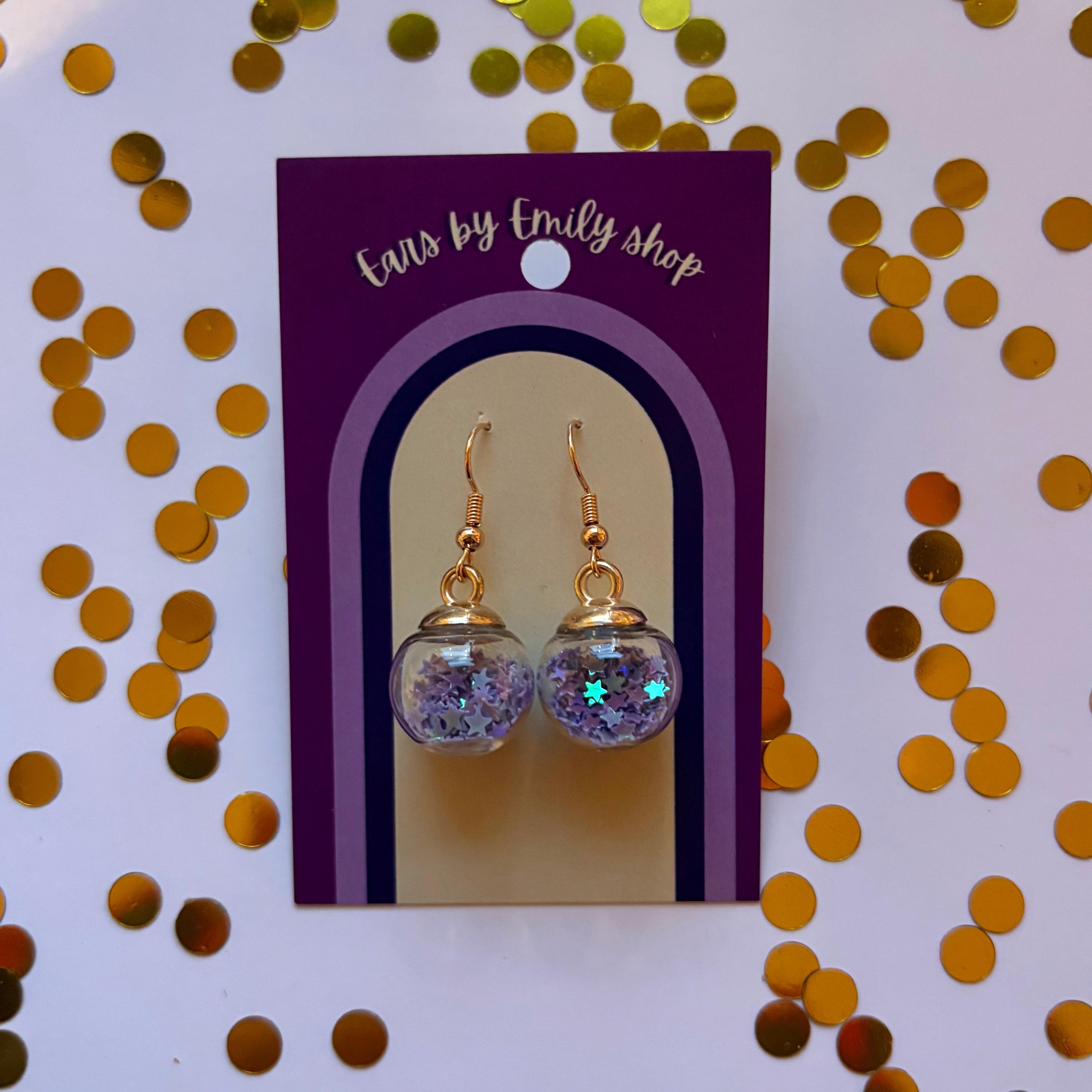 Purple star sparkle bauble Christmas dangle earrings gold plated