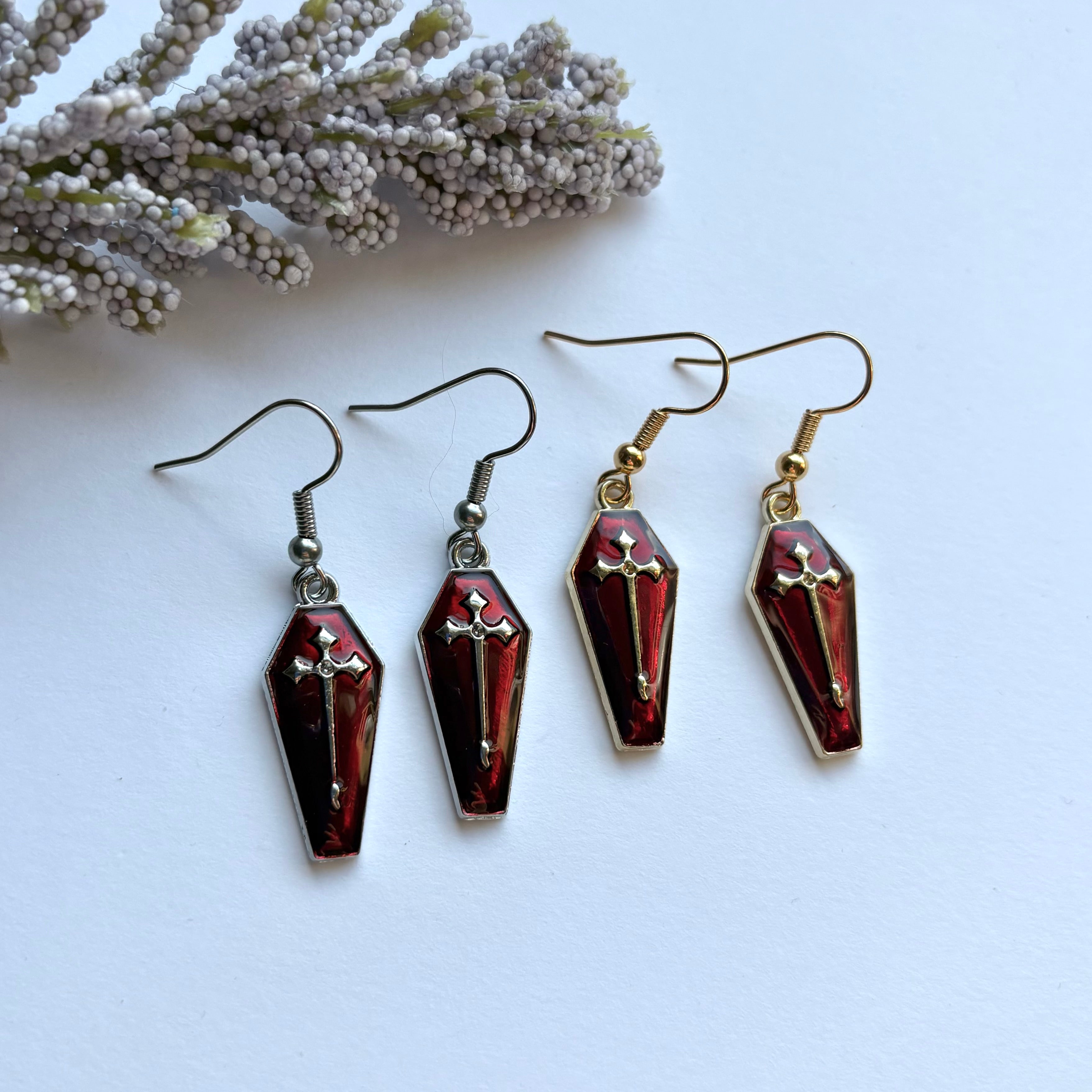 Dark red silver coffin with cross halloween dangle earrings