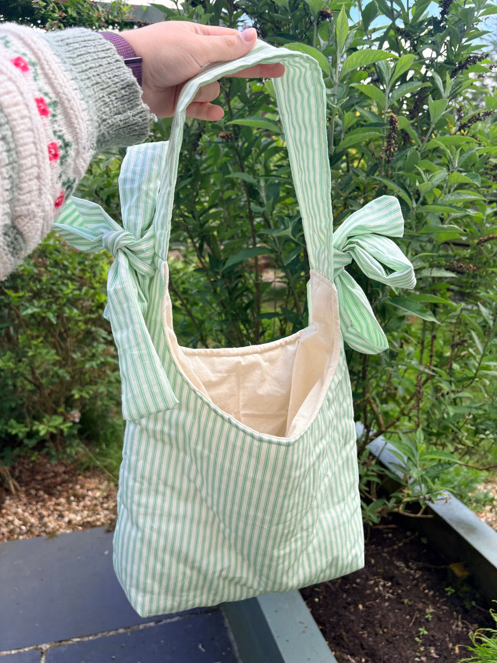 Handmade white and green stripe coquette padded tote bag with bows