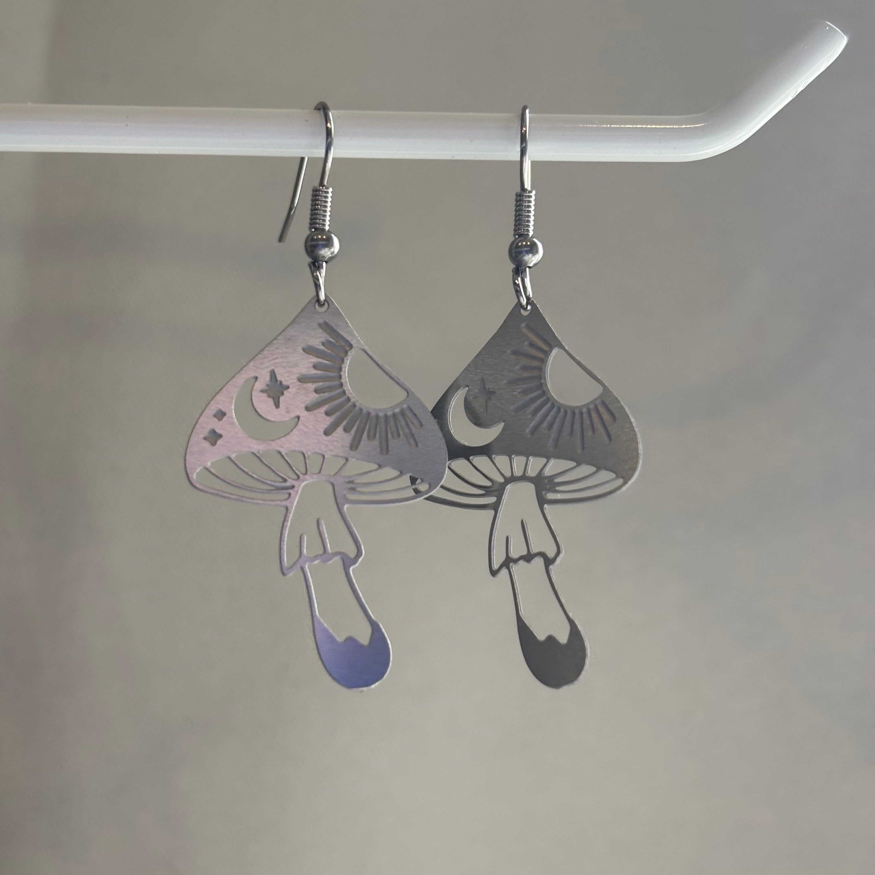 Celestial stainless steel mushroom toadstool dangle earrings