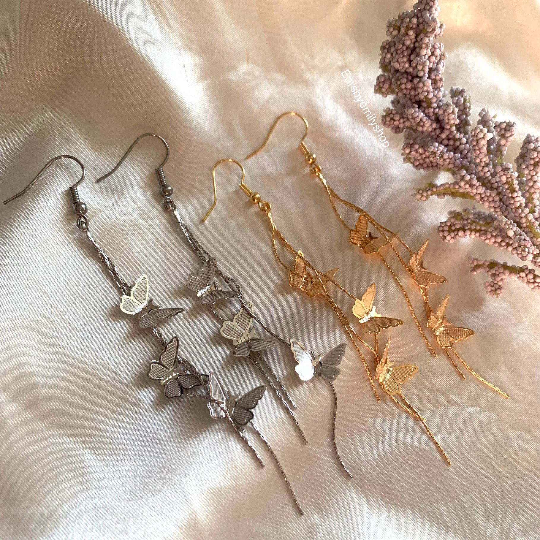 18k gold or silver plated butterfly chain trio earrings