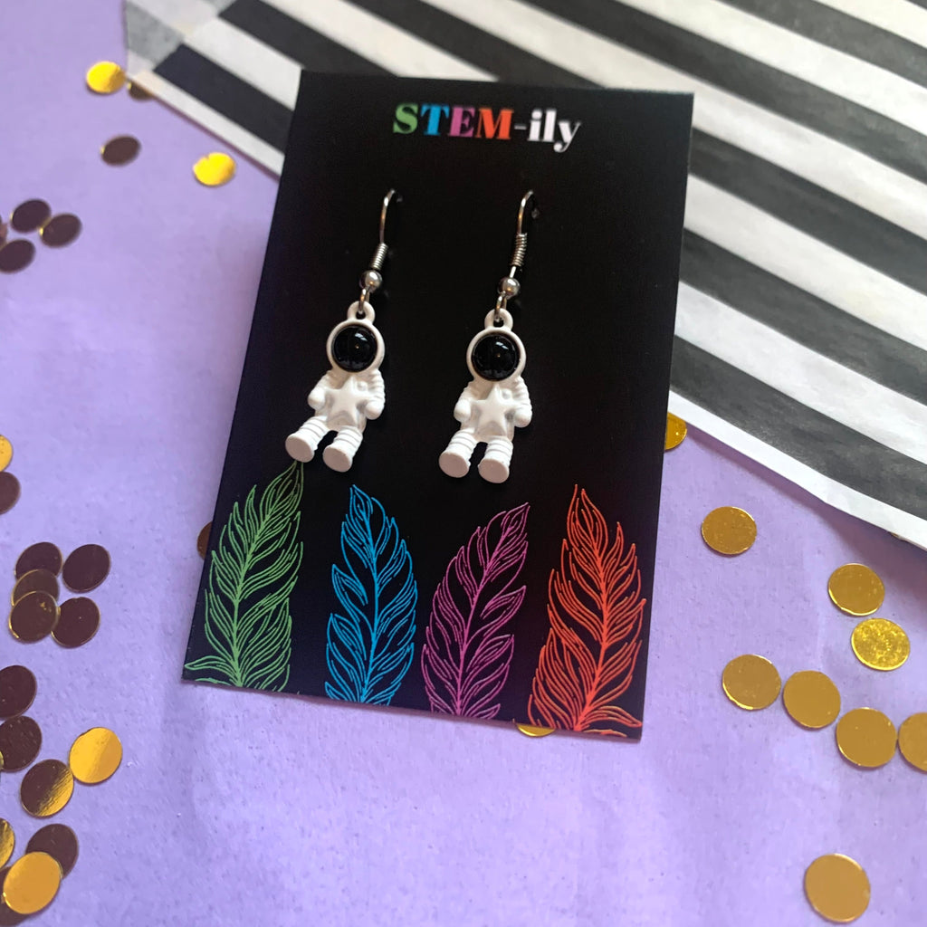 White spaceman astronaut silver drop dangle earrings