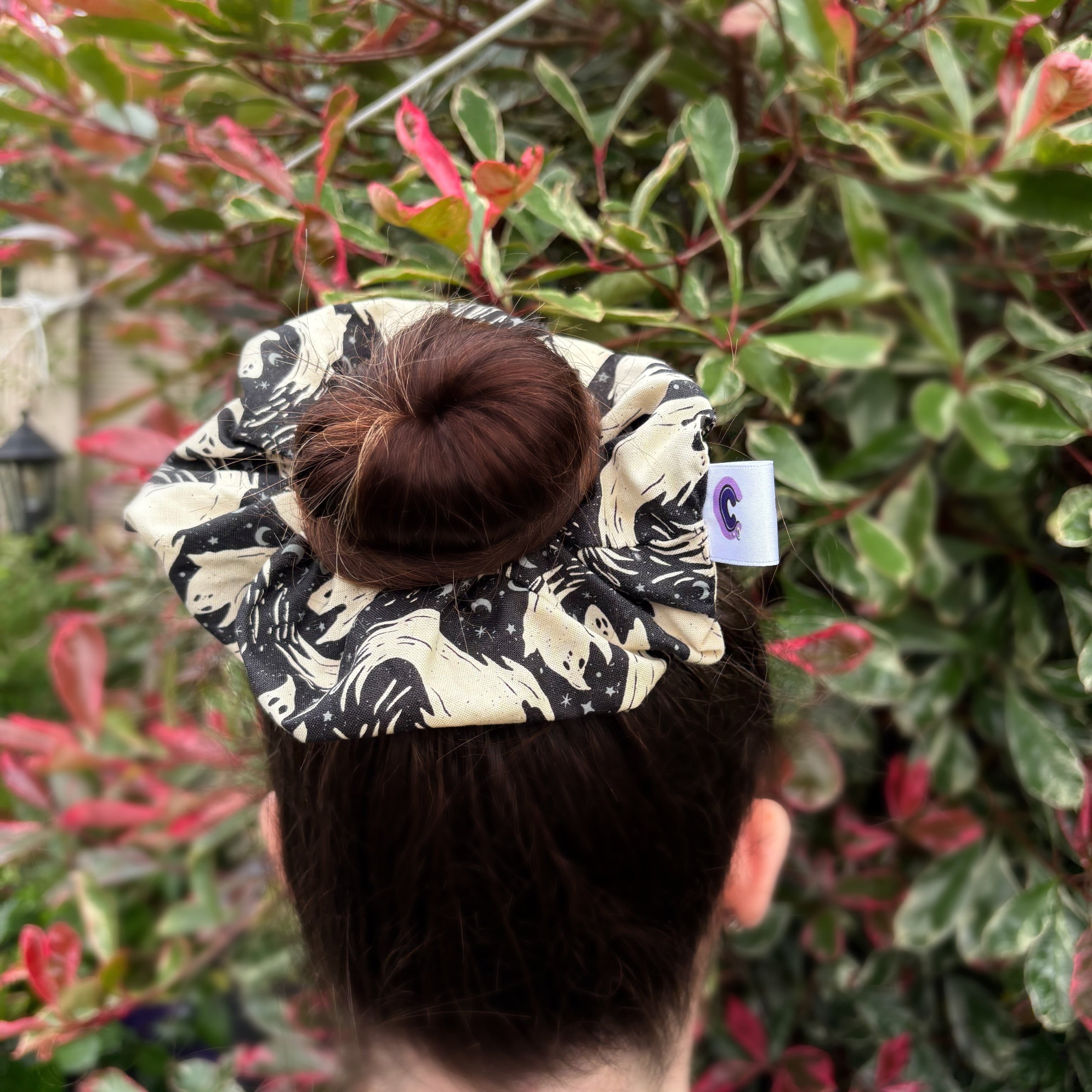 Big handmade black and cream ghost Halloween scrunchie