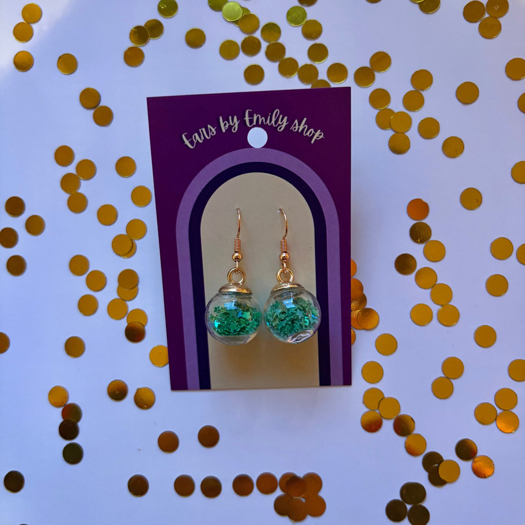 Green star sparkle bauble Christmas dangle earrings gold plated