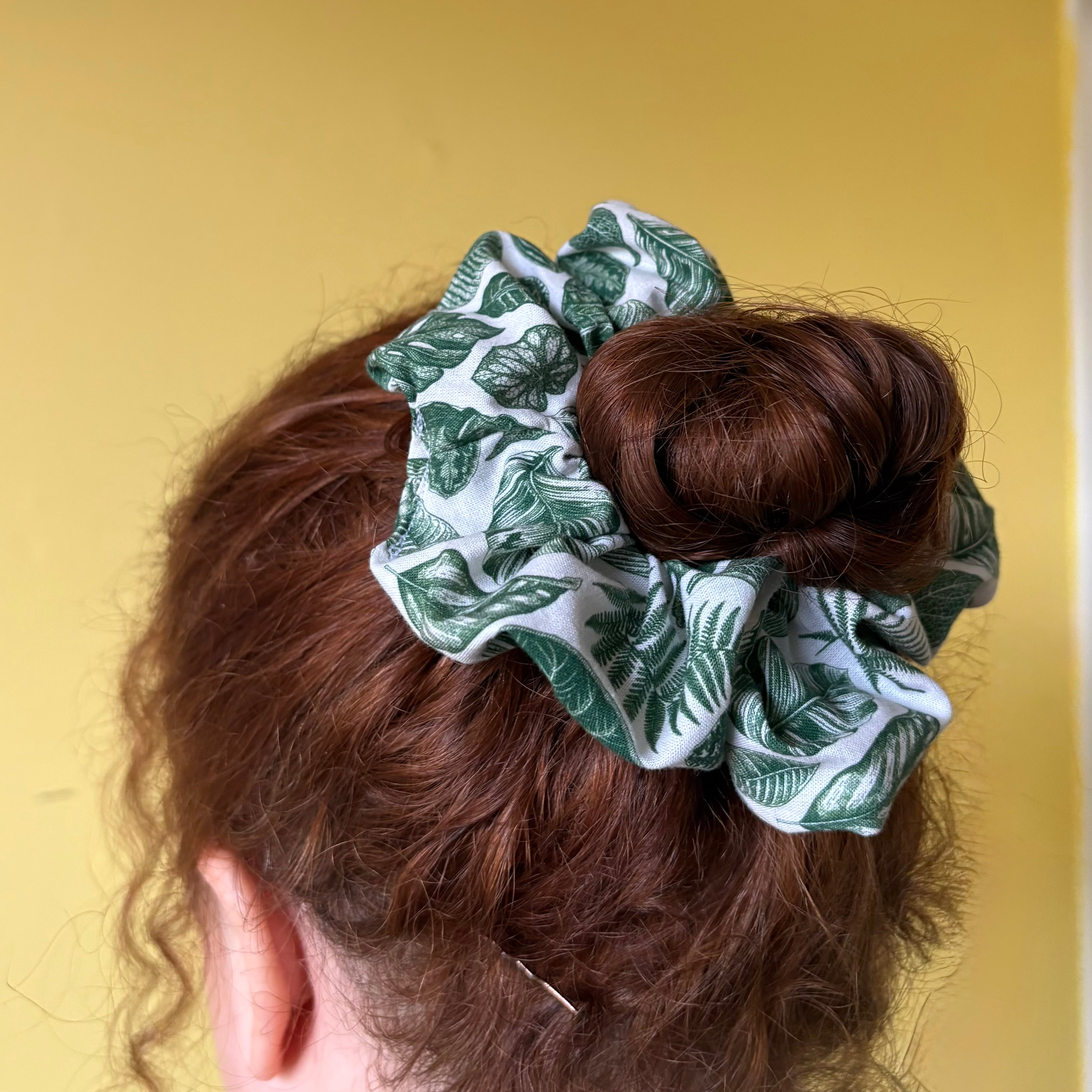 Green and white leaf scrunchie