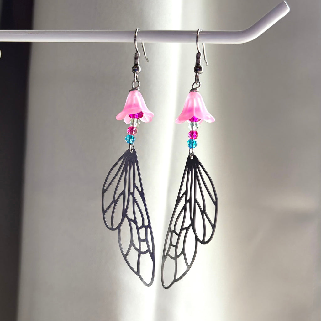 Stainless steel silver fairy wing dangle earrings with pink flowers and colourful beads