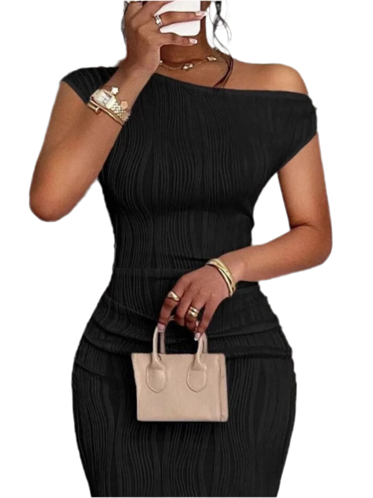 Textured Single Shoulder Bodycon Maxi Dress