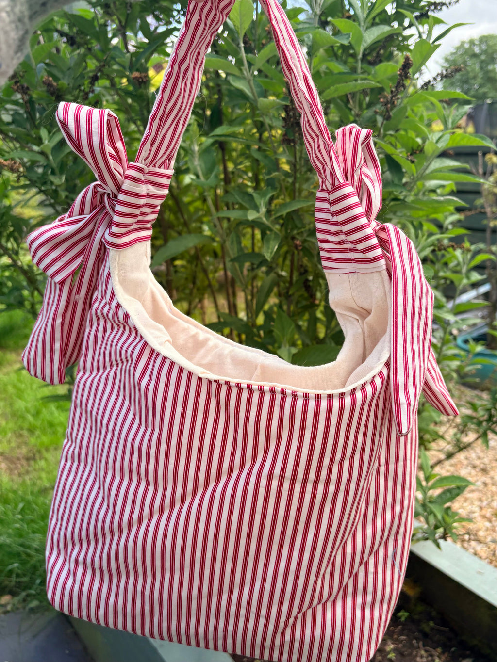 Handmade white and red stripe coquette padded tote bag with bows