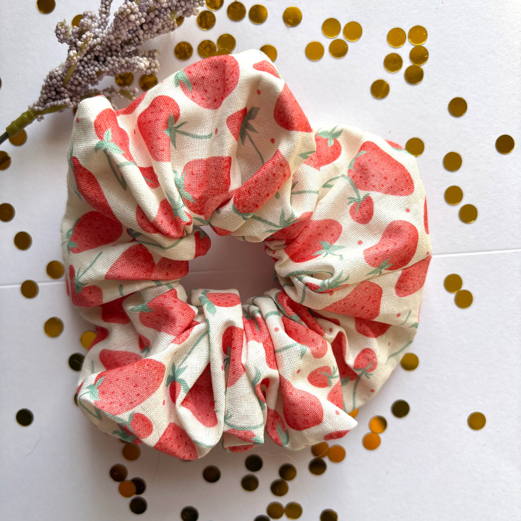 Handmade large white and red strawberry scrunchie