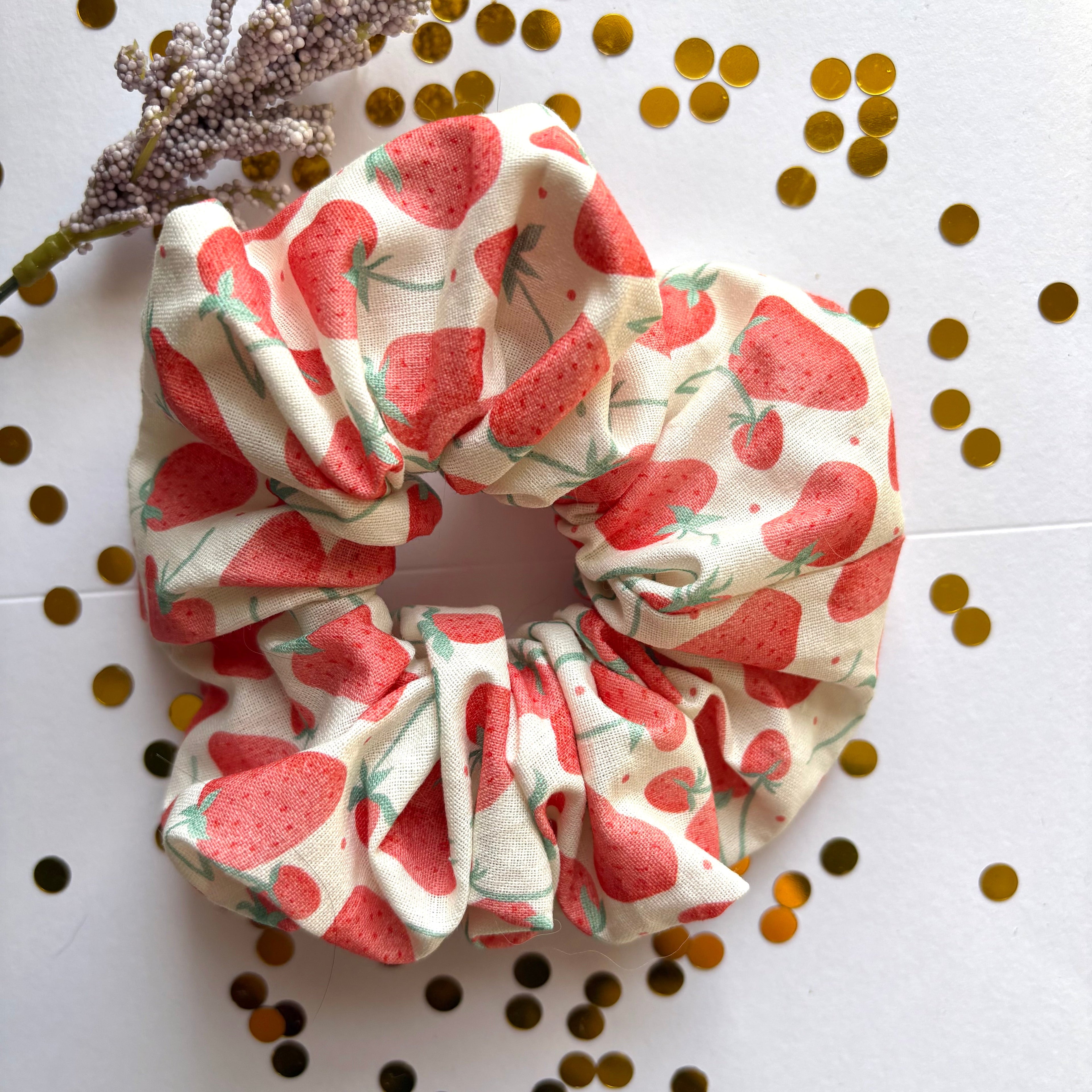 Handmade large white and red strawberry scrunchie