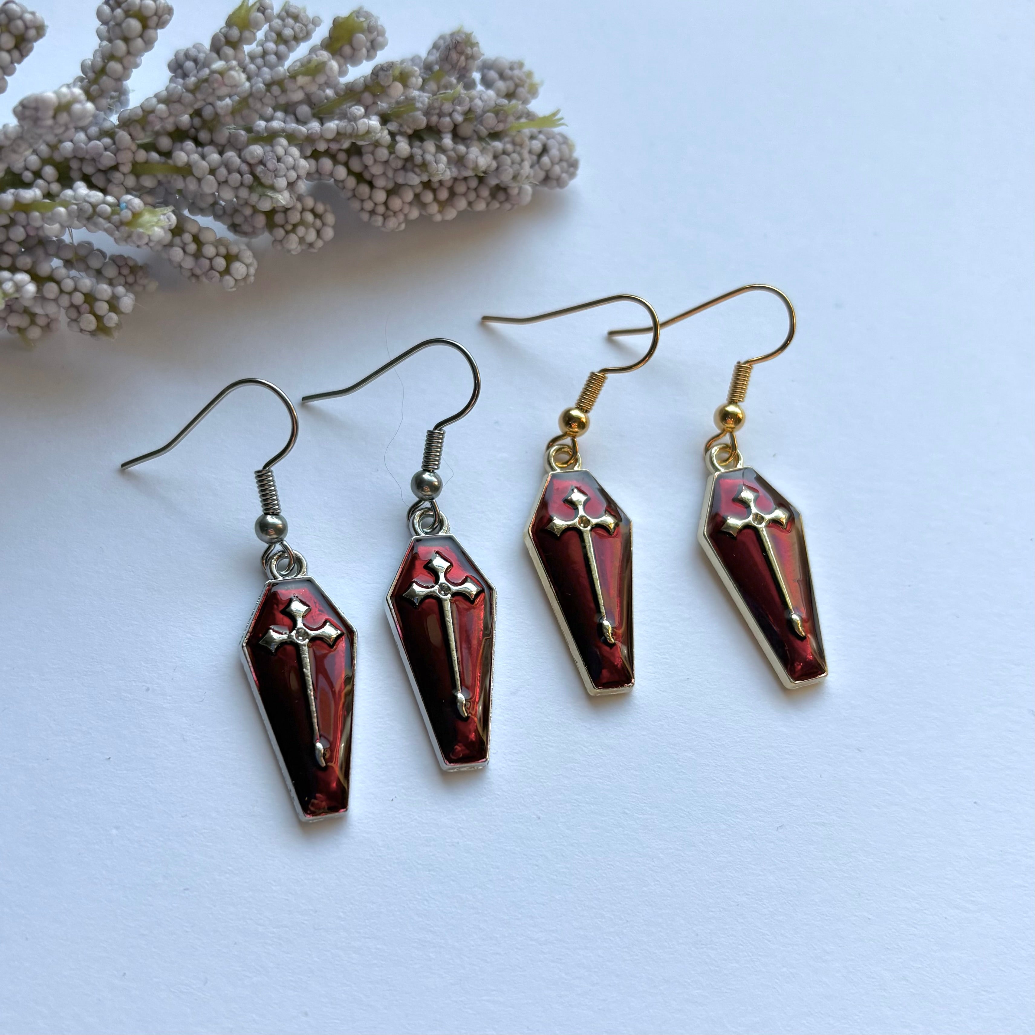 Dark red silver coffin with cross halloween dangle earrings