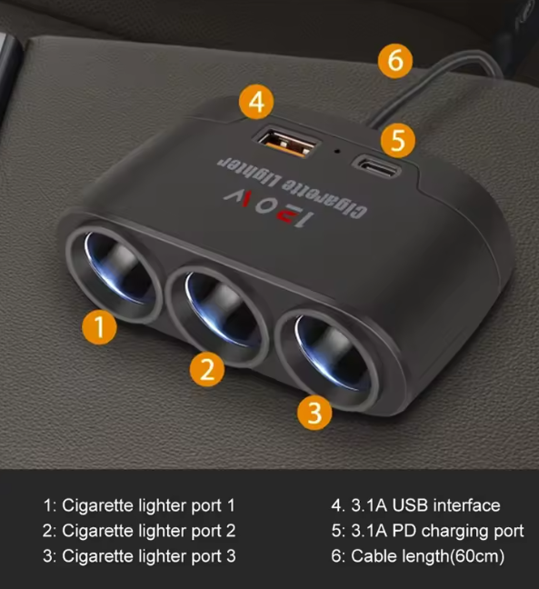 Car Cigarette Lighter Splitter with USB & PD Charging Ports – 3 Socket Adapter