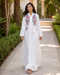 Women's White Floral Embroidered Maxi Dress Long Sleeve Belted Modest Abaya UK